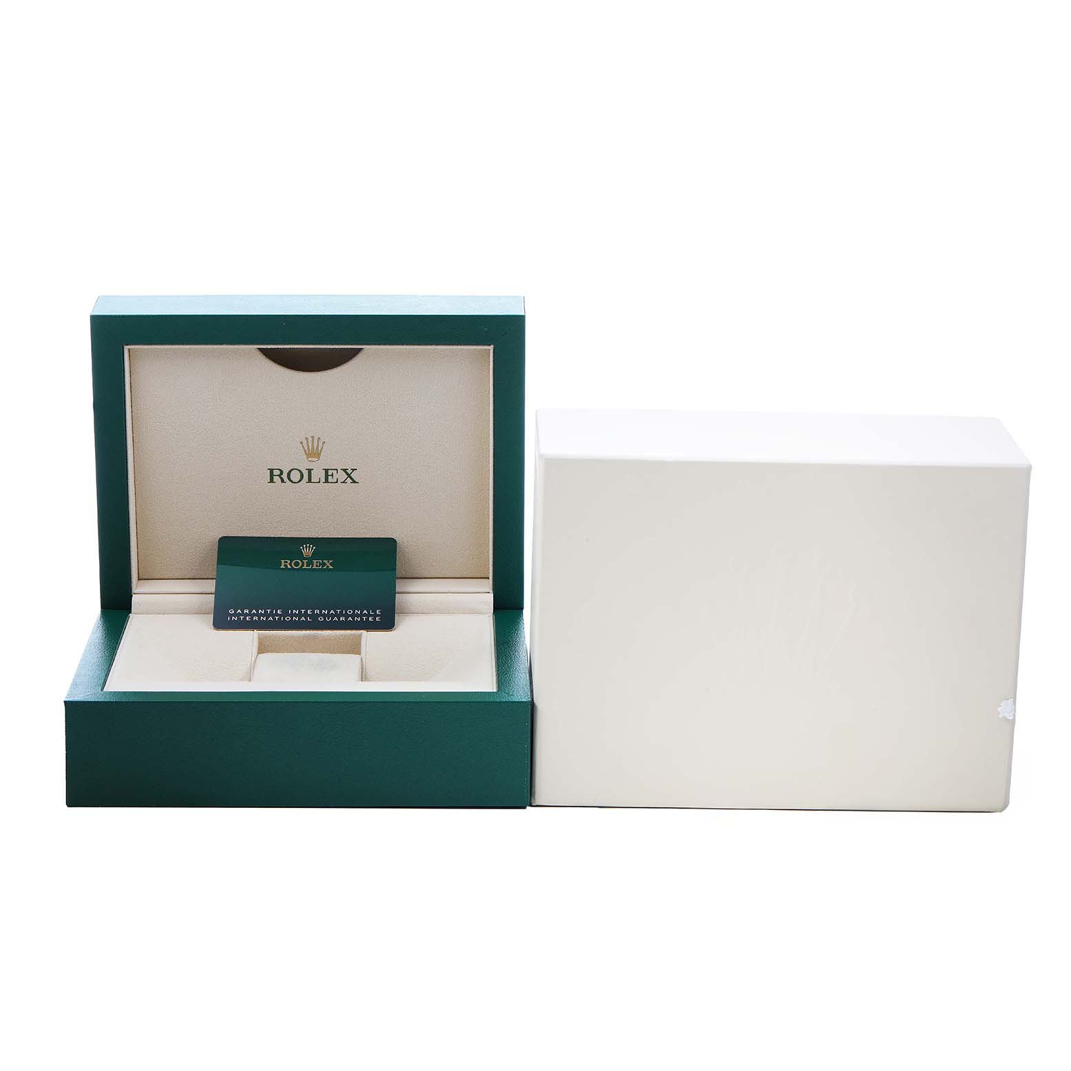 The image shows the open box for a Rolex Daytona 116515LN Men's Rose Gold Black Dial, with a guarantee card inside and an outer white box beside it.