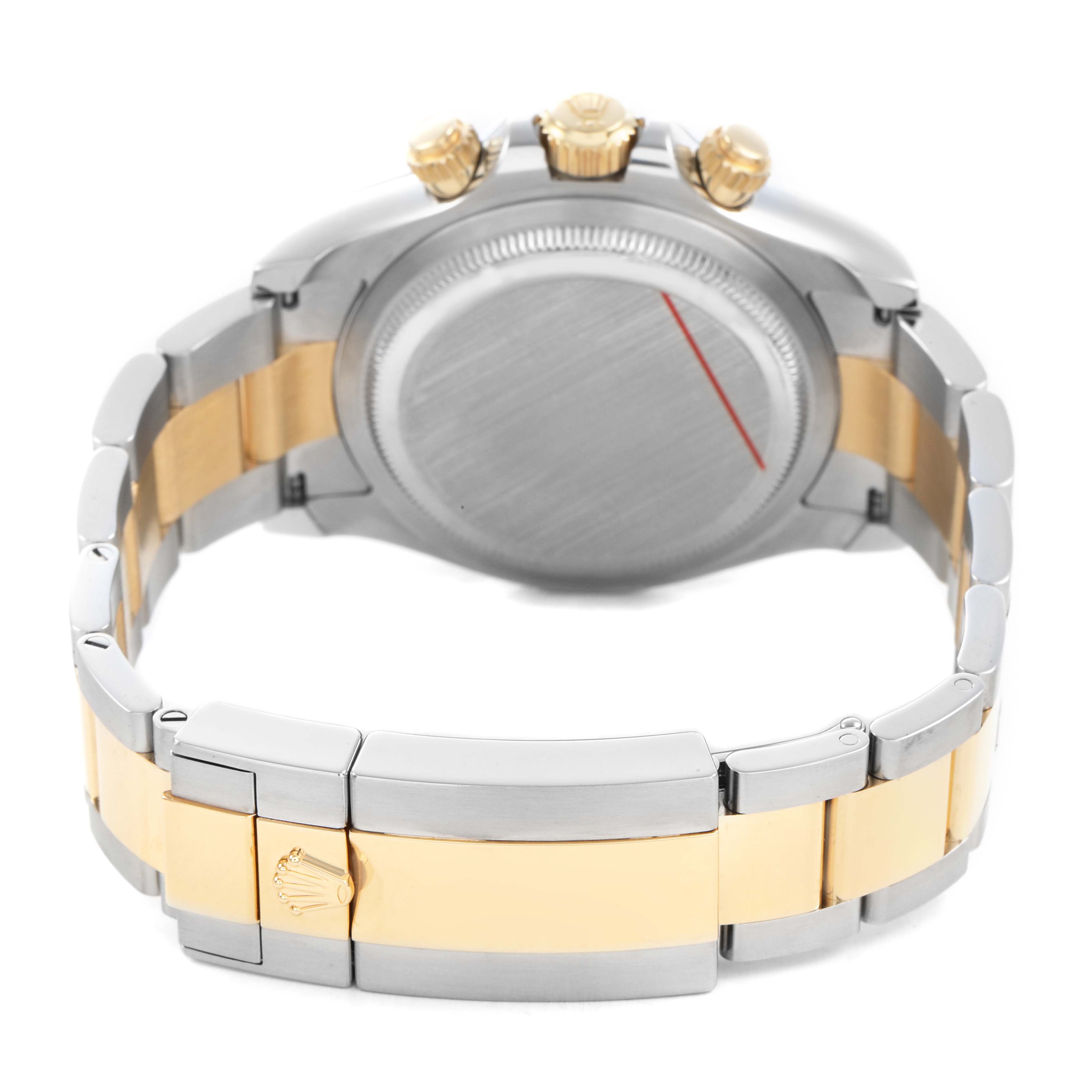 The Rolex Daytona 126503 Men's Steel and Gold (two tone) Champagne Dial watch is shown from the back, highlighting the bracelet and clasp, with the rear of the case visible.