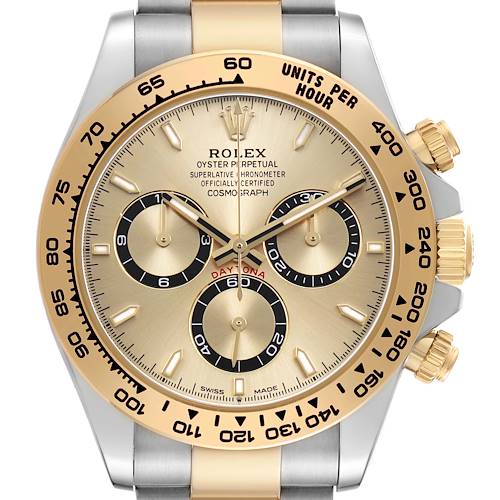 The Rolex Daytona 126503 Men's Steel and Gold (two tone) Champagne Dial watch is shown from the front, displaying its gold and black bezel, chronograph subdials, and stainless steel bracelet.
