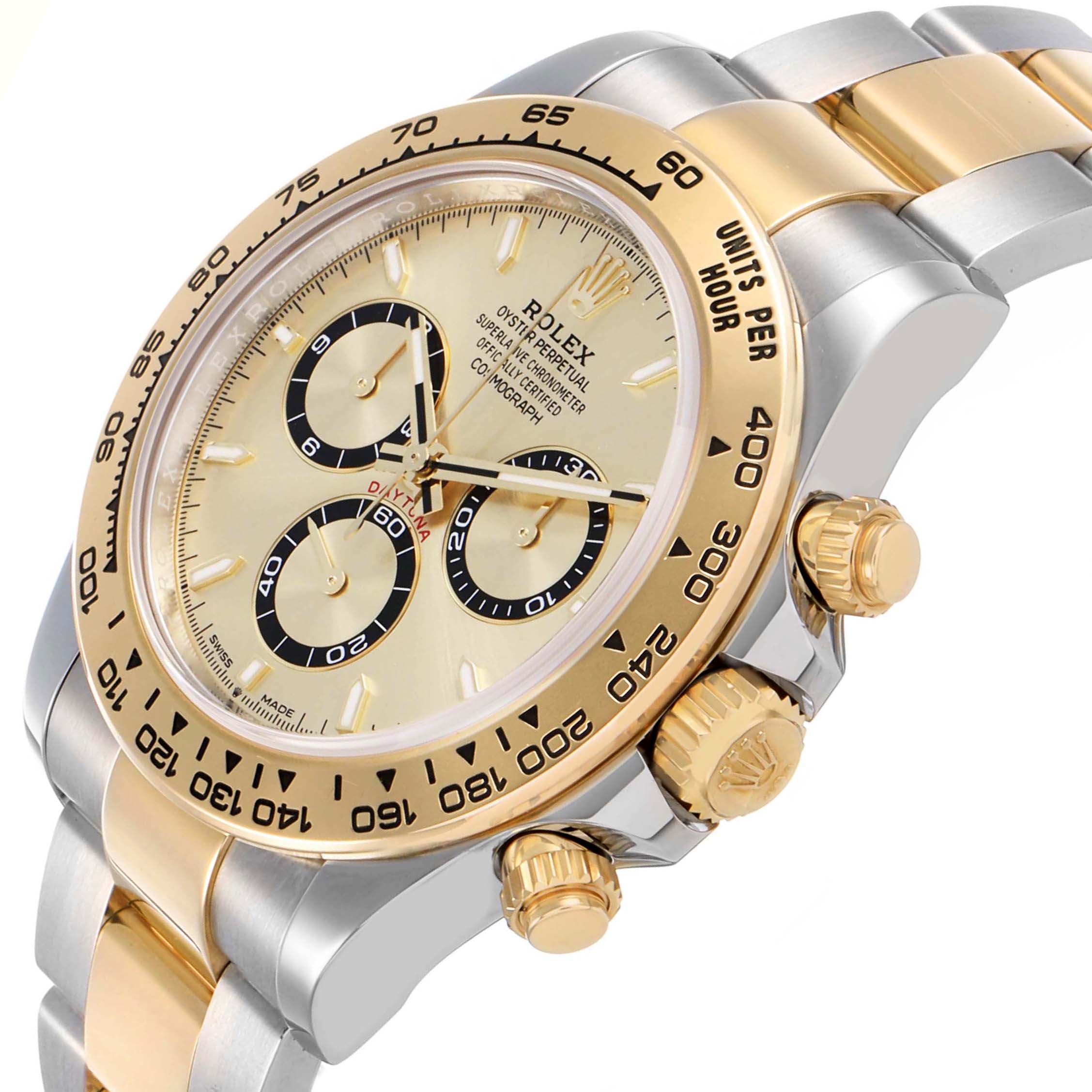 The Rolex Daytona 126503 Men's Steel and Gold (two tone) Champagne Dial watch is shown at an angled side view, highlighting the bezel, chronograph dials, and two-tone bracelet.