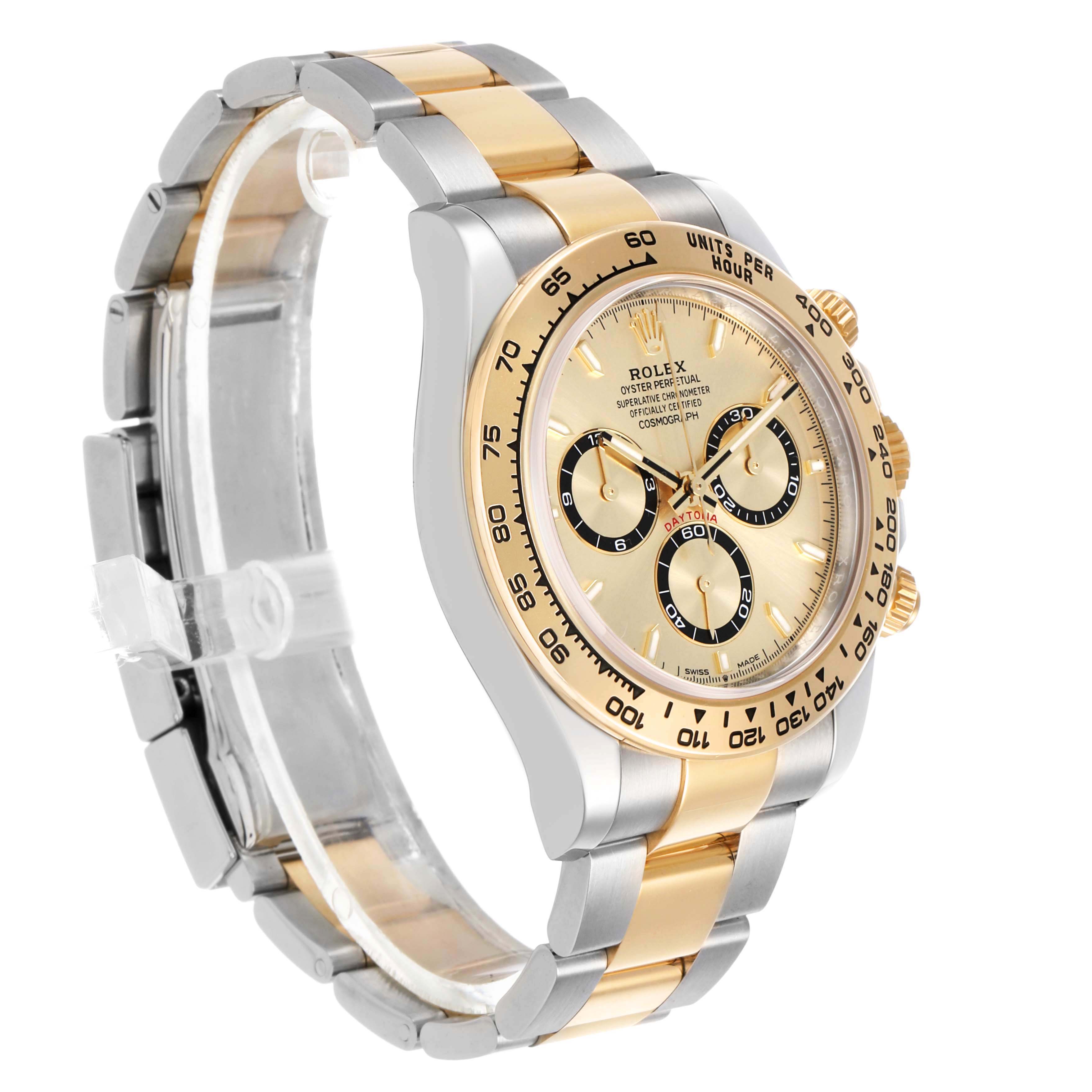 The Rolex Daytona 126503 Men's Steel and Gold (two tone) Champagne Dial model is shown at a slight angle, highlighting its gold and silver bracelet, bezel, and dial with subdials.