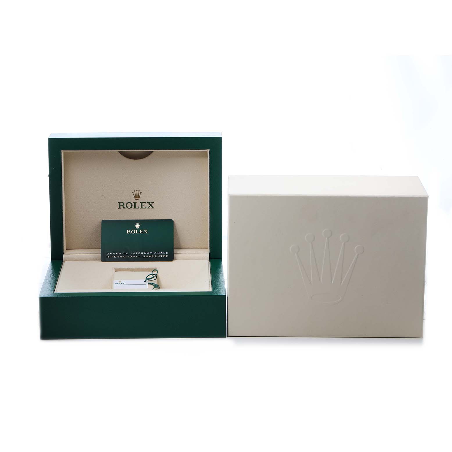 The image shows a Rolex Daytona 126503 Men's Steel and Gold (two tone) Champagne Dial watch box open, with warranty card and accessories, alongside its outer box.