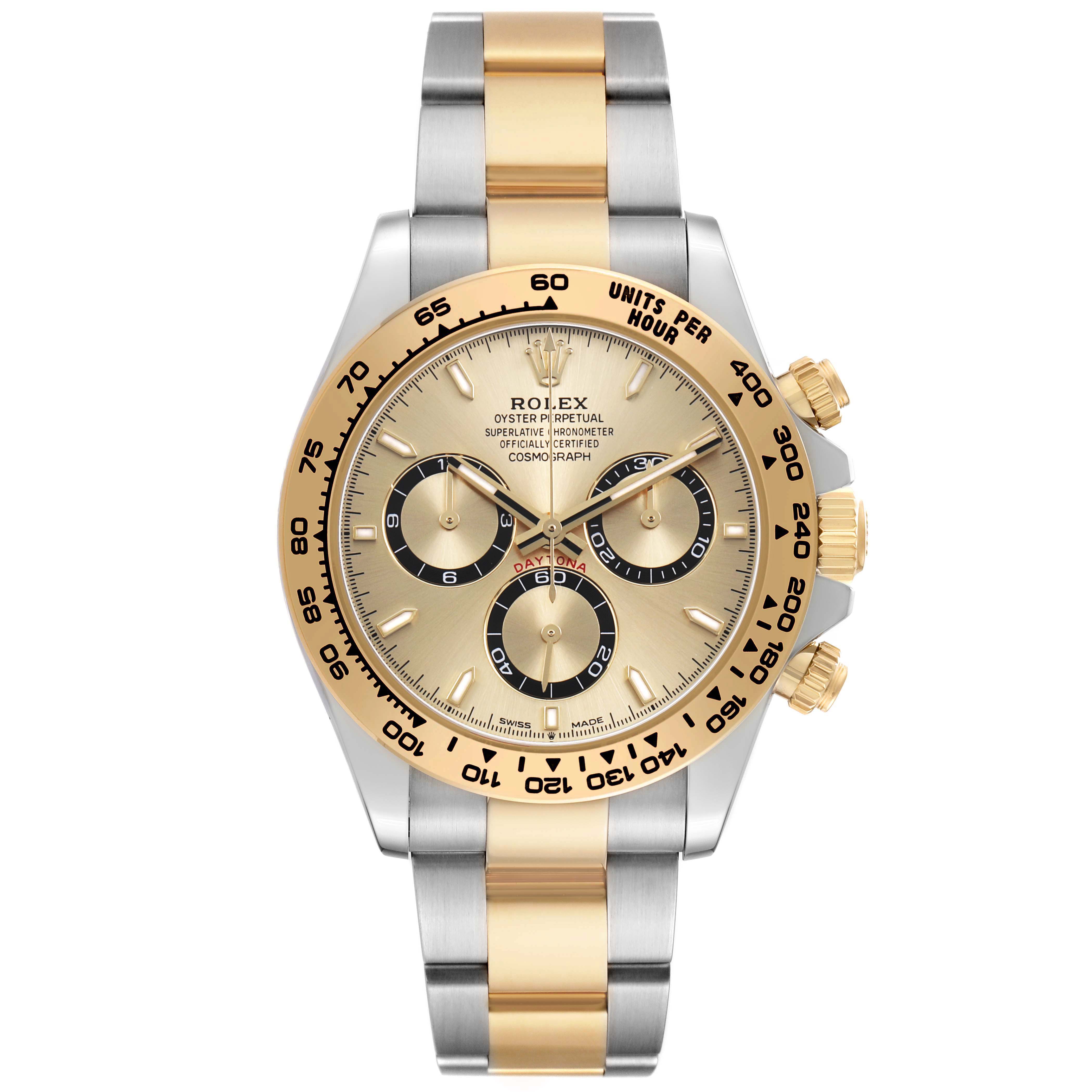 The Rolex Daytona 126503 Men's Steel and Gold (two tone) Champagne Dial watch is shown from the front, highlighting its dial, bezel, and two-tone bracelet.