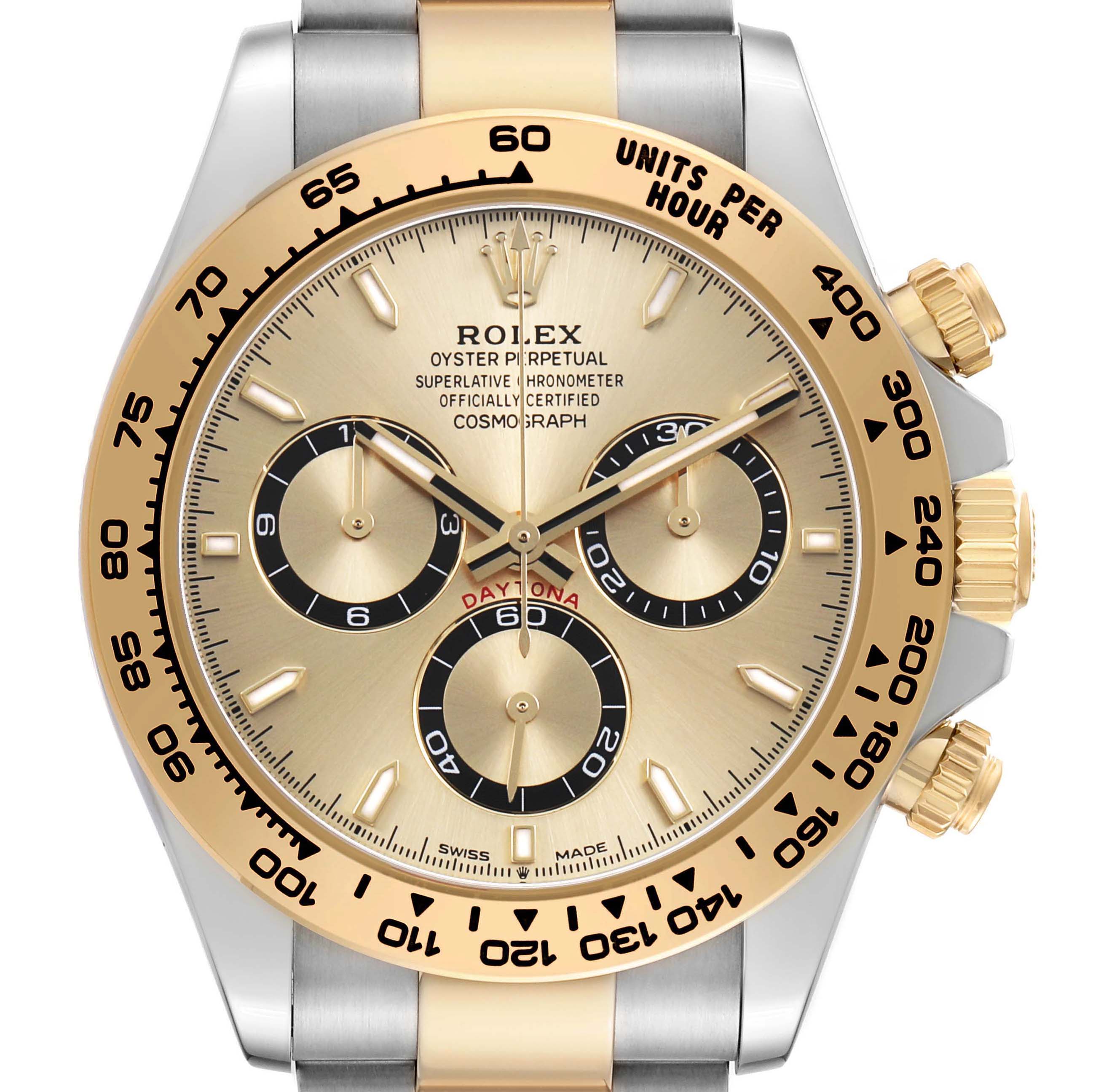 The Rolex Daytona 126503 Men's Steel and Gold (two tone) Champagne Dial watch is shown from a front angle, highlighting the dial, subdials, bezel, and crown.