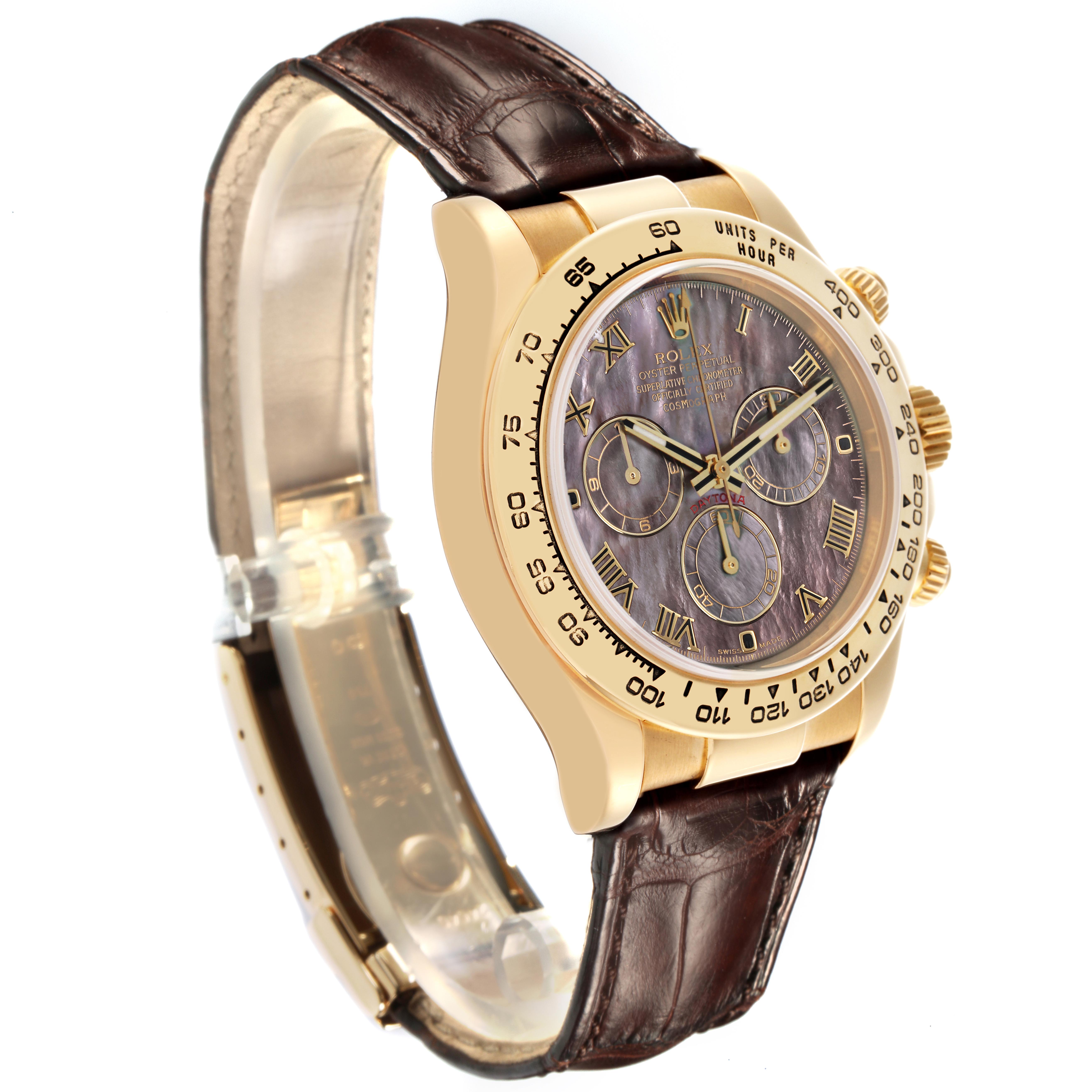 The Rolex Daytona 116518 Men
s Yellow Gold Mother of Pearl Dial 116518 Men
s Yellow Gold Mother of Pearl Dial watch is shown at a three-quarter angle, highlighting its bezel, dial, sub-dials, and leather strap.