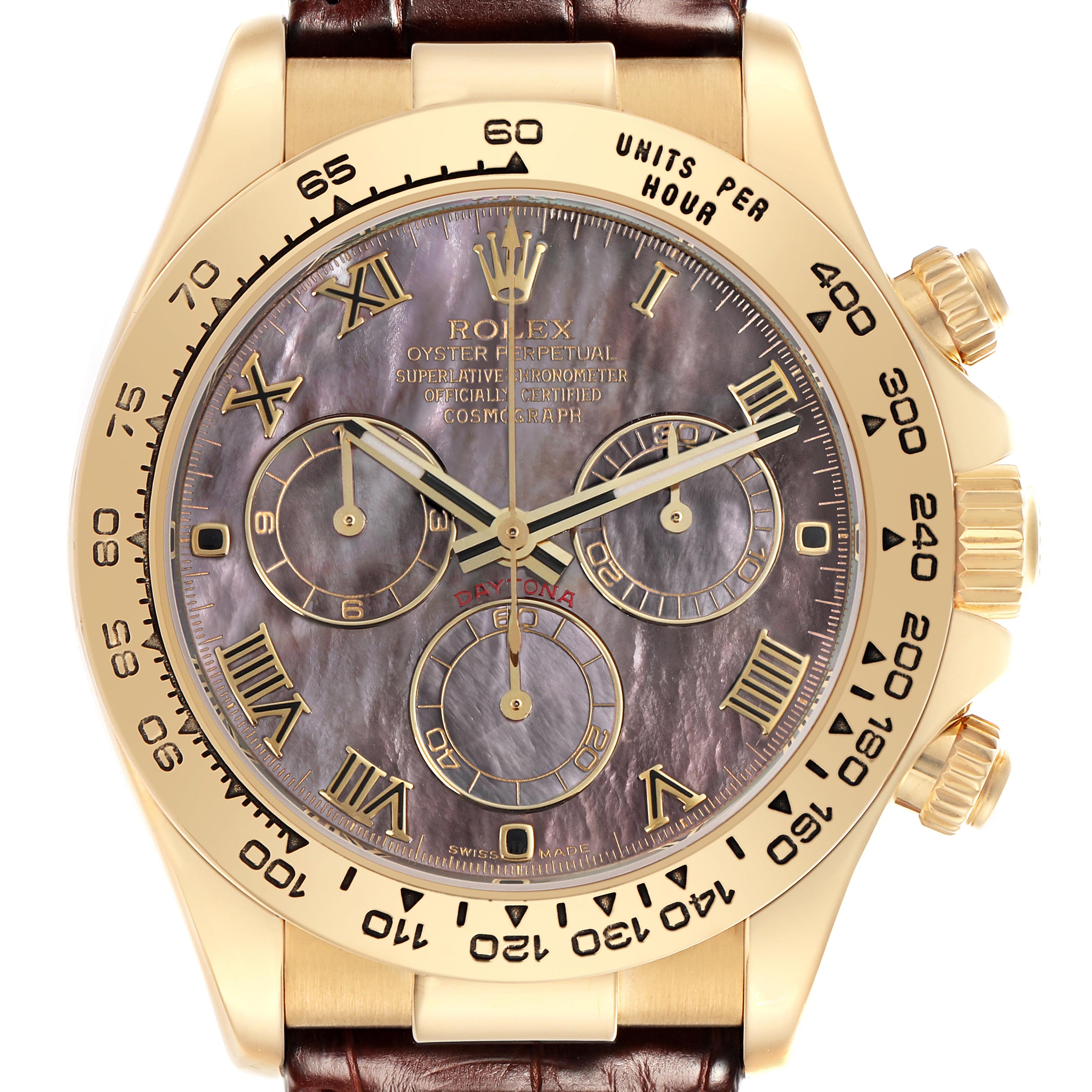 The image shows a front view of a Rolex Daytona 116518 Men
s Yellow Gold Mother of Pearl Dial 116518 Men
s Yellow Gold Mother of Pearl Dial watch, highlighting the dial, bezel, and side pushers.
