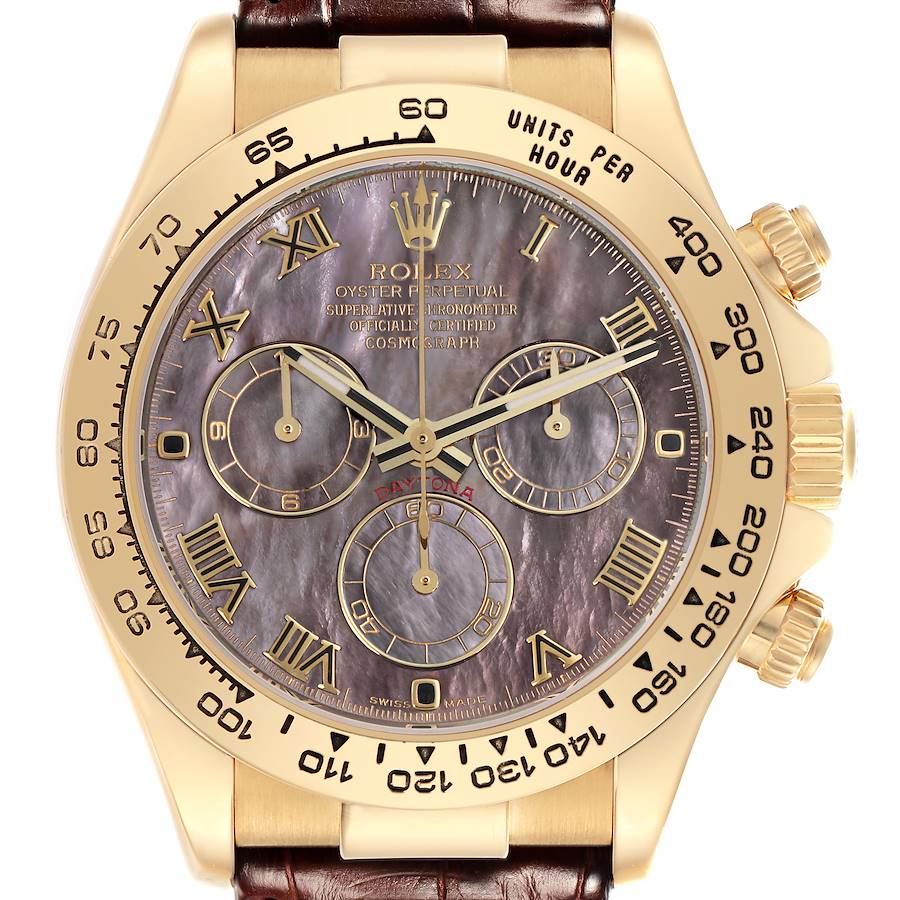 The image shows a front view of a Rolex Daytona watch, highlighting the dial, bezel, and side pushers.