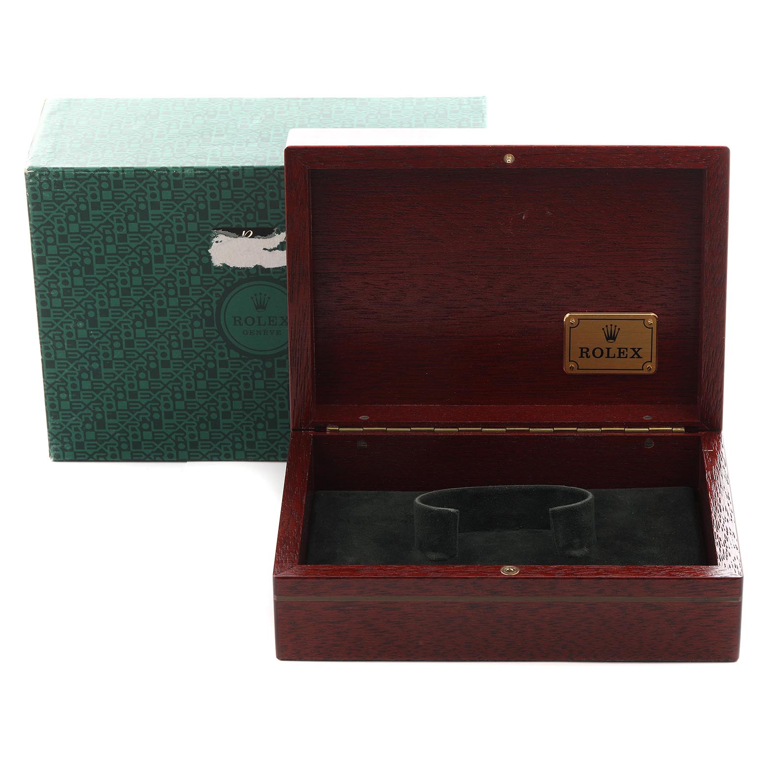 The image shows an open wooden Rolex Daytona 116518 Men
s Yellow Gold Mother of Pearl Dial 116518 Men
s Yellow Gold Mother of Pearl Dial watch box with an outer green box.