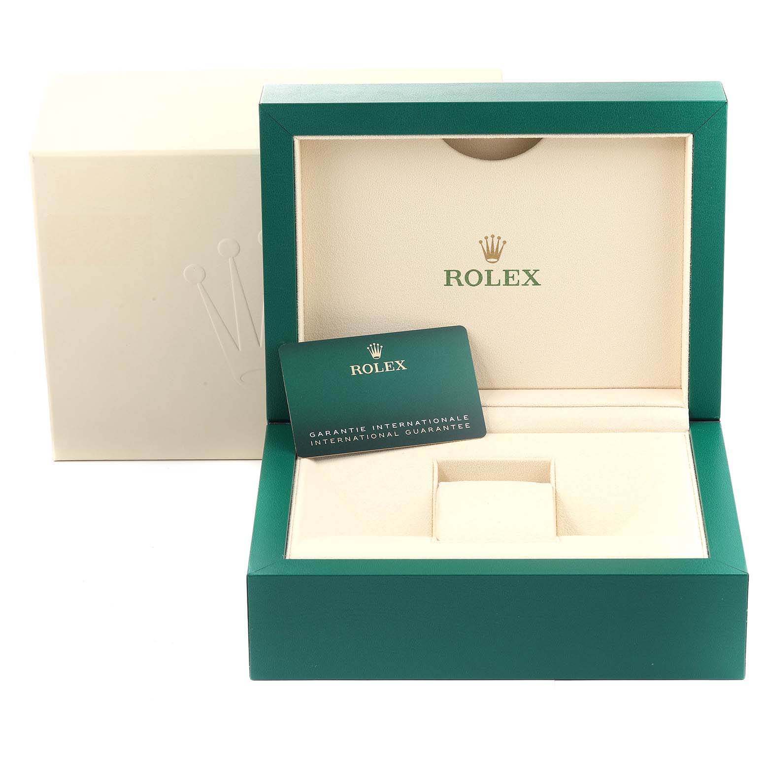 The image shows an open Rolex Daytona 116518 Men's Yellow Gold Mother of Pearl Dial 116518 Men's Yellow Gold Mother of Pearl Dial watch box with a guarantee card inside, angled from the front.