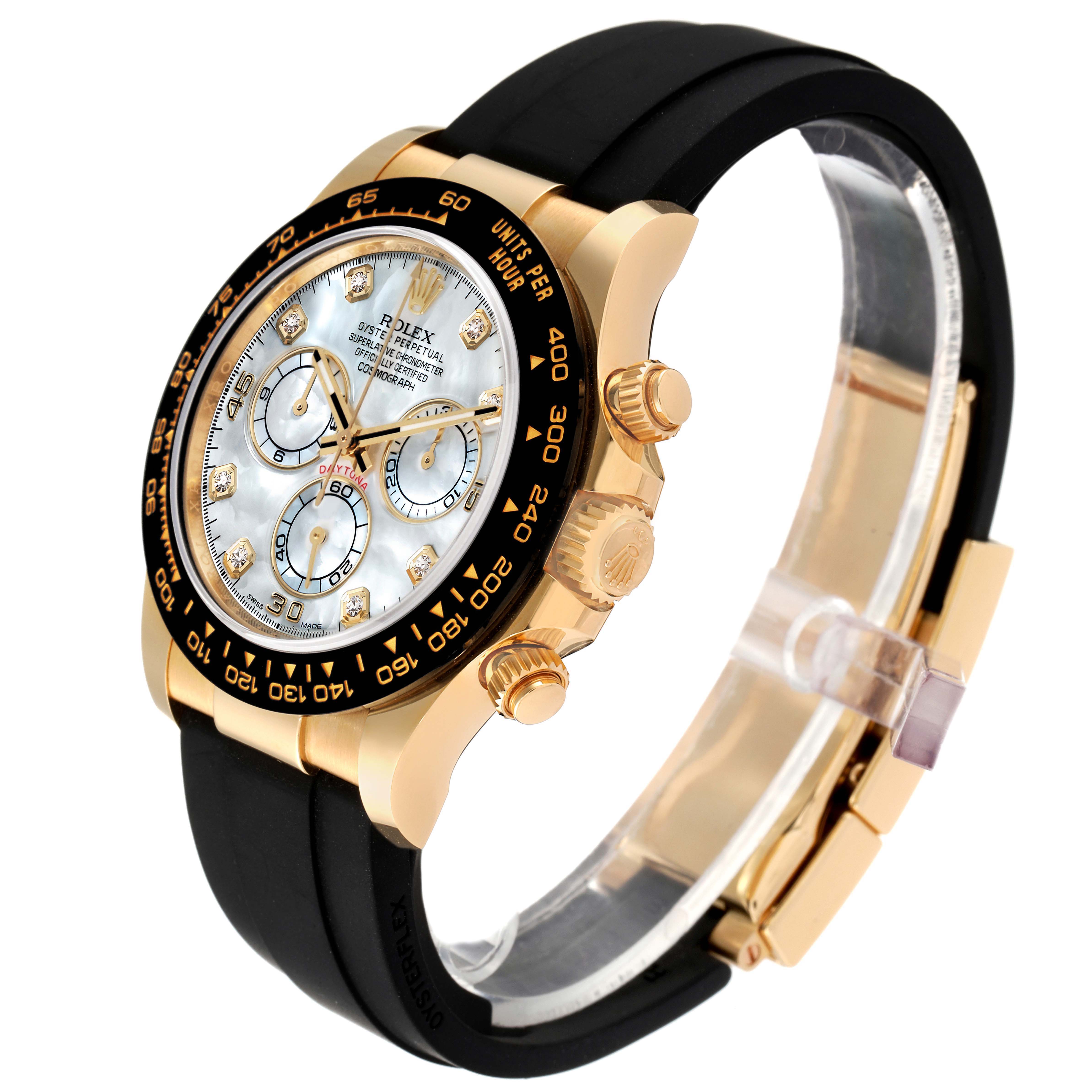 This image shows a Rolex Daytona 116518 Men's Yellow Gold Mother of Pearl Dial 116518 Men's Yellow Gold Mother of Pearl Dial watch at a slight front-side angle, highlighting the face, bezel, crown, and pushers.