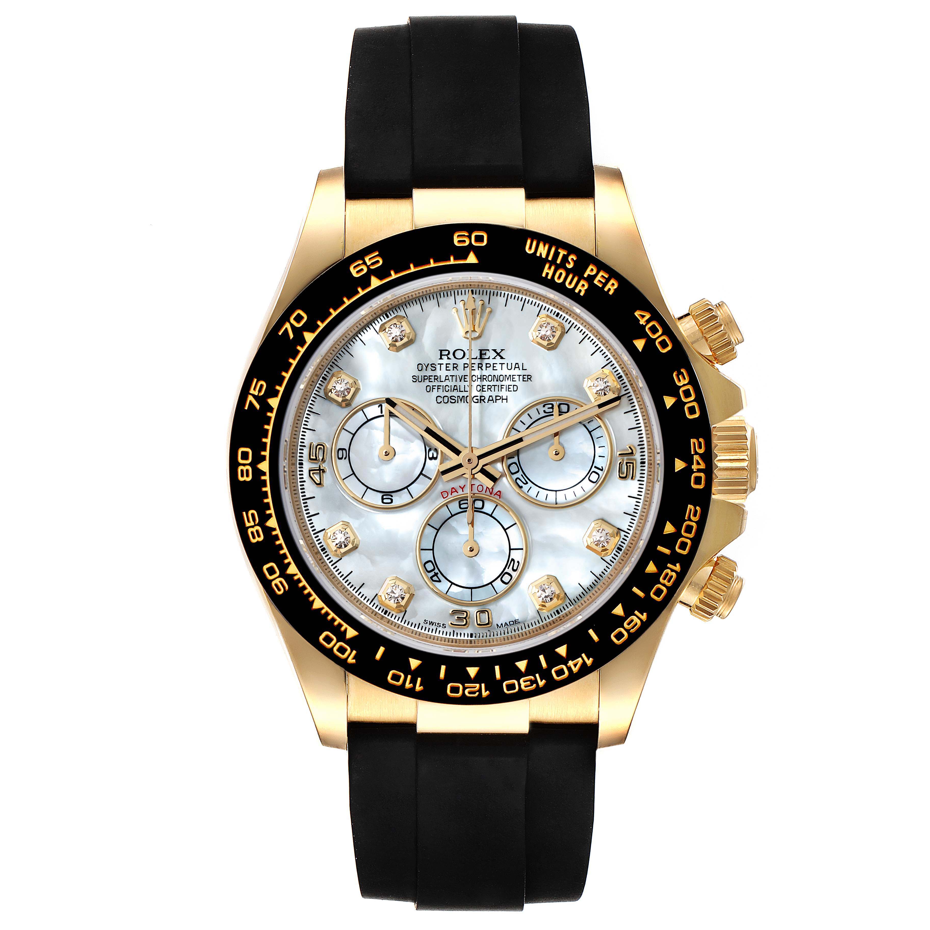 This image shows a front view of a Rolex Daytona 116518 Men's Yellow Gold Mother of Pearl Dial 116518 Men's Yellow Gold Mother of Pearl Dial watch, featuring a black bezel, gold accents, and a black strap.