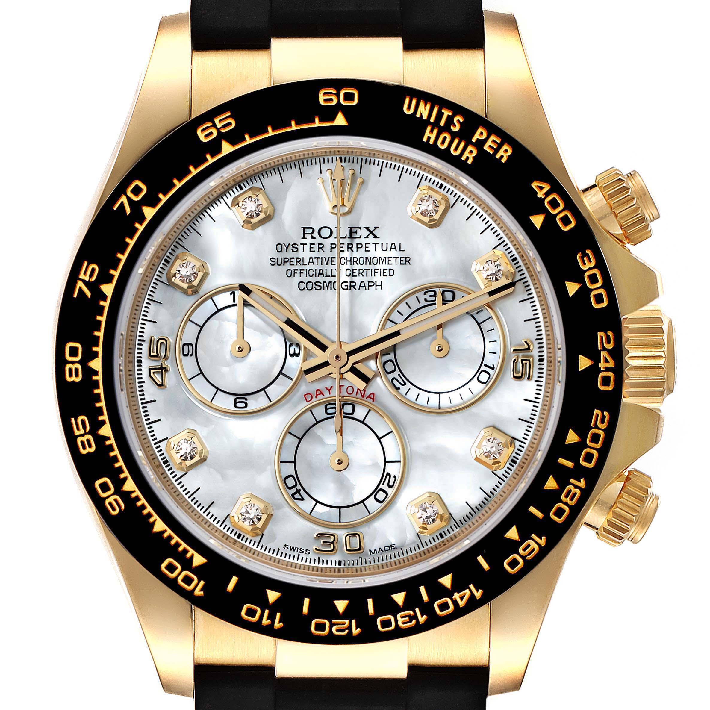 This is a front view of the Rolex Daytona 116518 Men's Yellow Gold Mother of Pearl Dial 116518 Men's Yellow Gold Mother of Pearl Dial watch, showing its face, bezel, crown, and pushers.