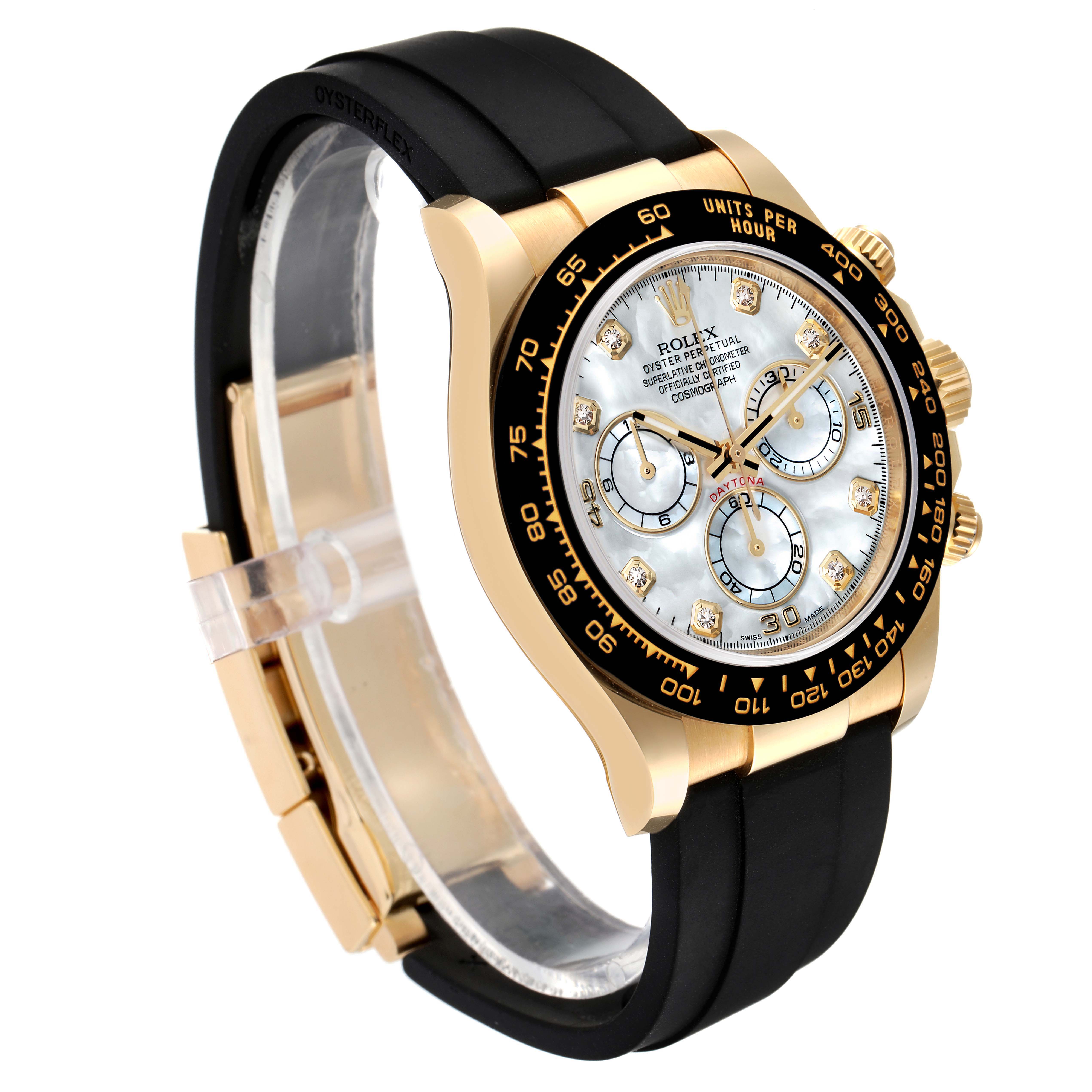 This image shows a side and front view of a Rolex Daytona 116518 Men's Yellow Gold Mother of Pearl Dial 116518 Men's Yellow Gold Mother of Pearl Dial watch, featuring a black bezel, gold case, and black strap.