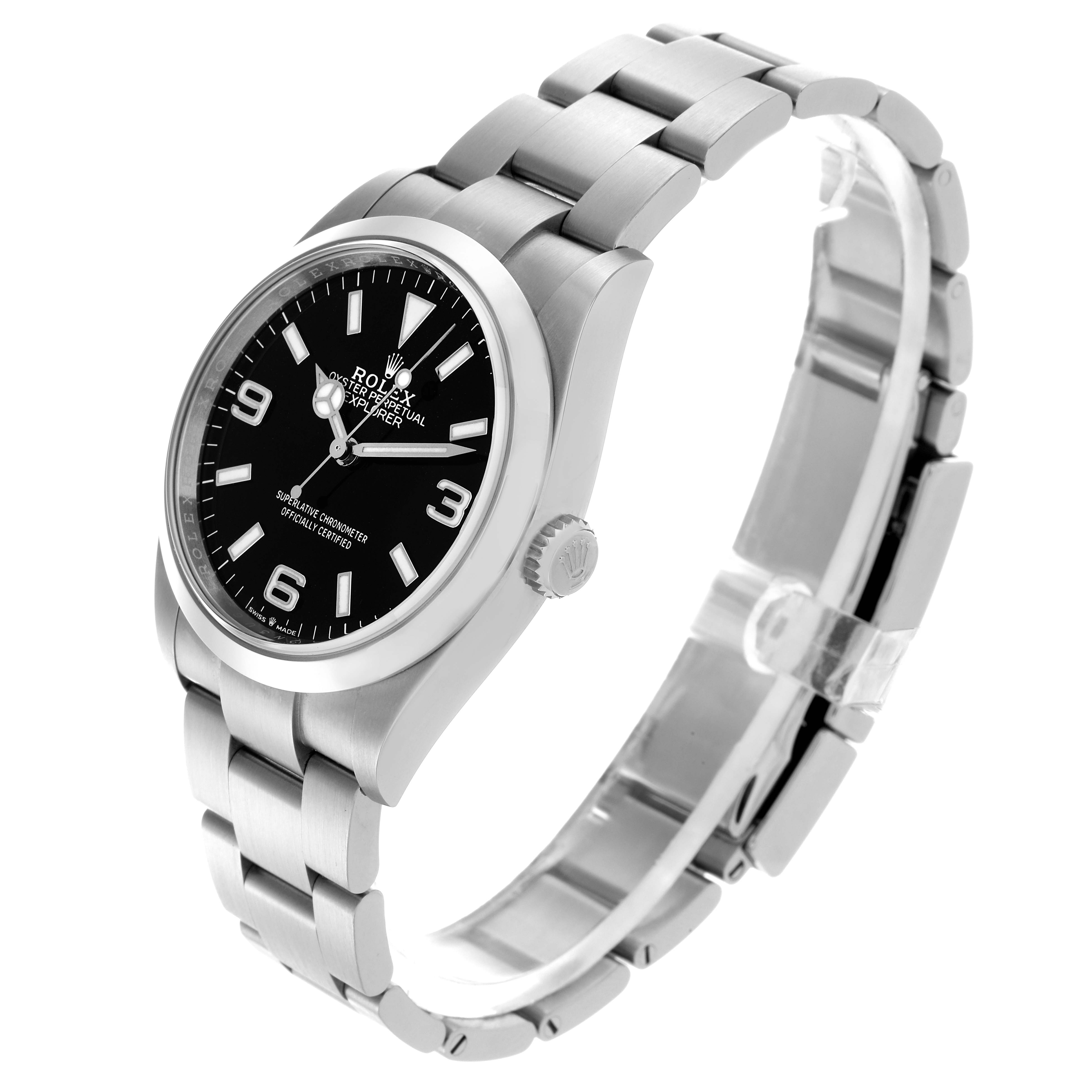 The Rolex Explorer 124270 Men
s Stainless Steel Black Dial 124270 Men
s Stainless Steel Black Dial watch is shown at a slight side angle, displaying its black dial, bezel, and stainless steel bracelet.