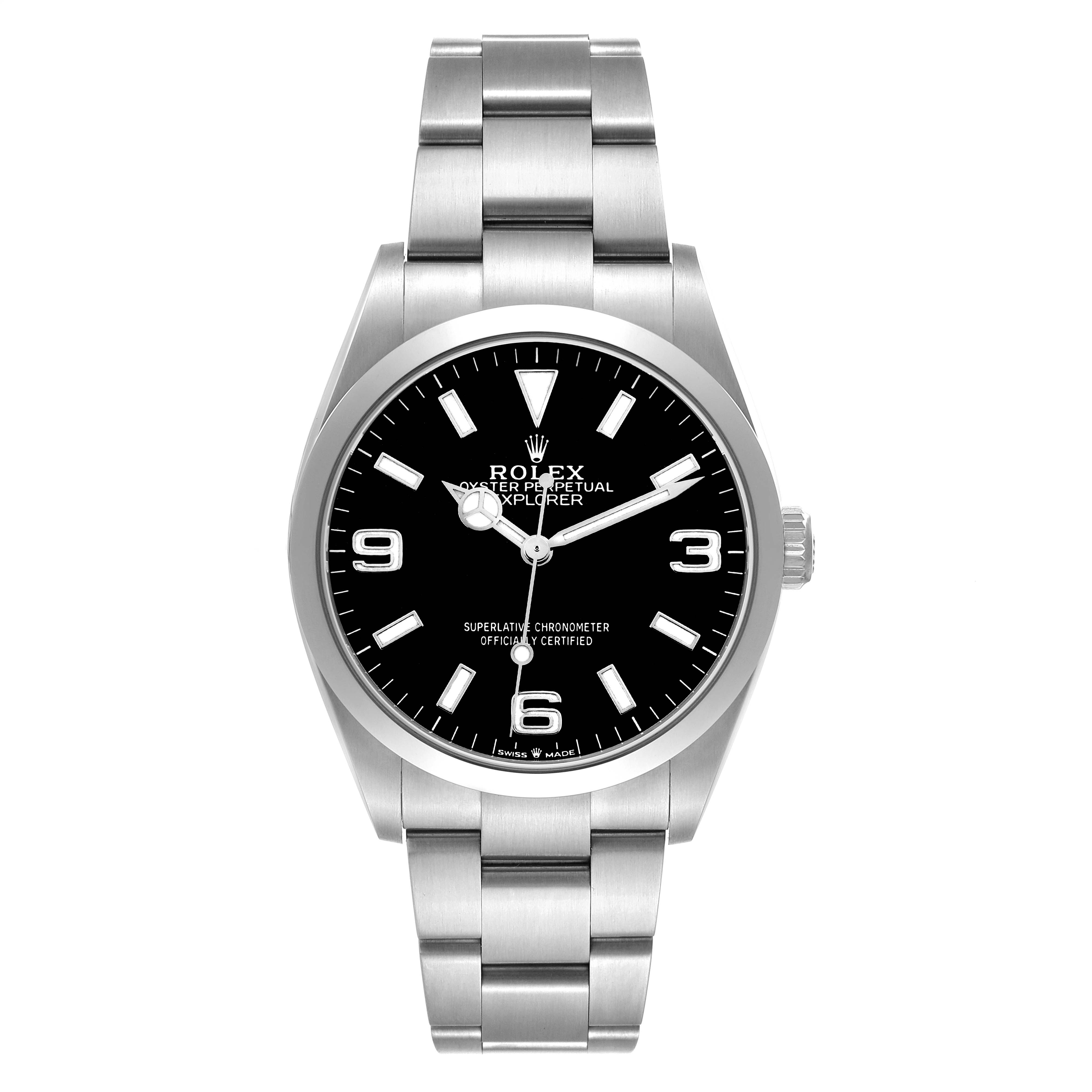 The Rolex Explorer 124270 Men
s Stainless Steel Black Dial 124270 Men
s Stainless Steel Black Dial watch is shown from a front angle, displaying the full dial, bezel, and stainless steel bracelet.