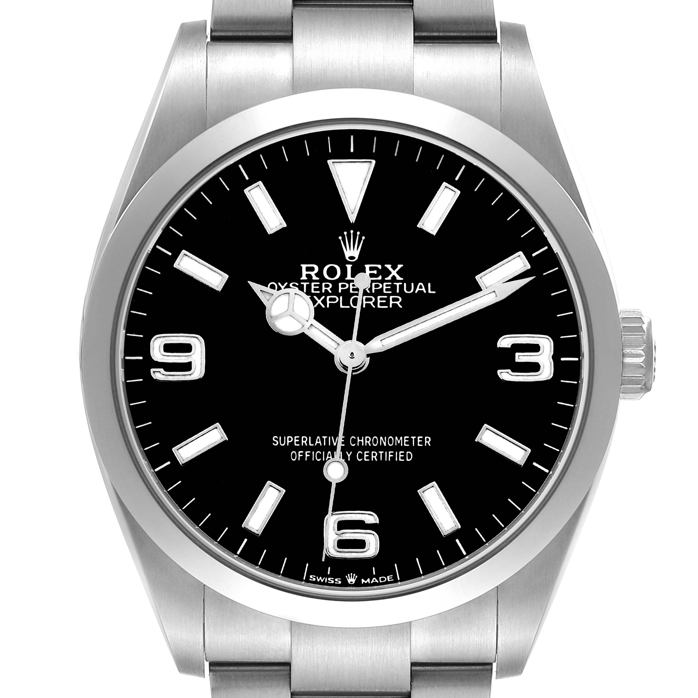 The Rolex Explorer 124270 Men
s Stainless Steel Black Dial 124270 Men
s Stainless Steel Black Dial watch is shown from the front, displaying its black dial, luminous markers, hands, and stainless steel case.