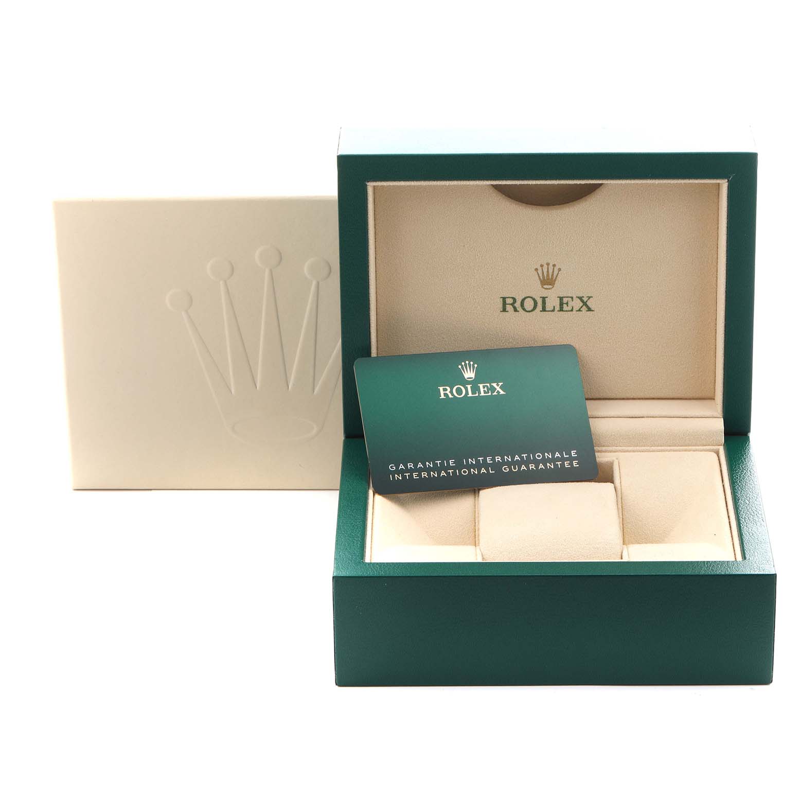 The image shows a Rolex Explorer 124270 Men
s Stainless Steel Black Dial 124270 Men
s Stainless Steel Black Dial watch box and guarantee card from a front angle, with the box open.