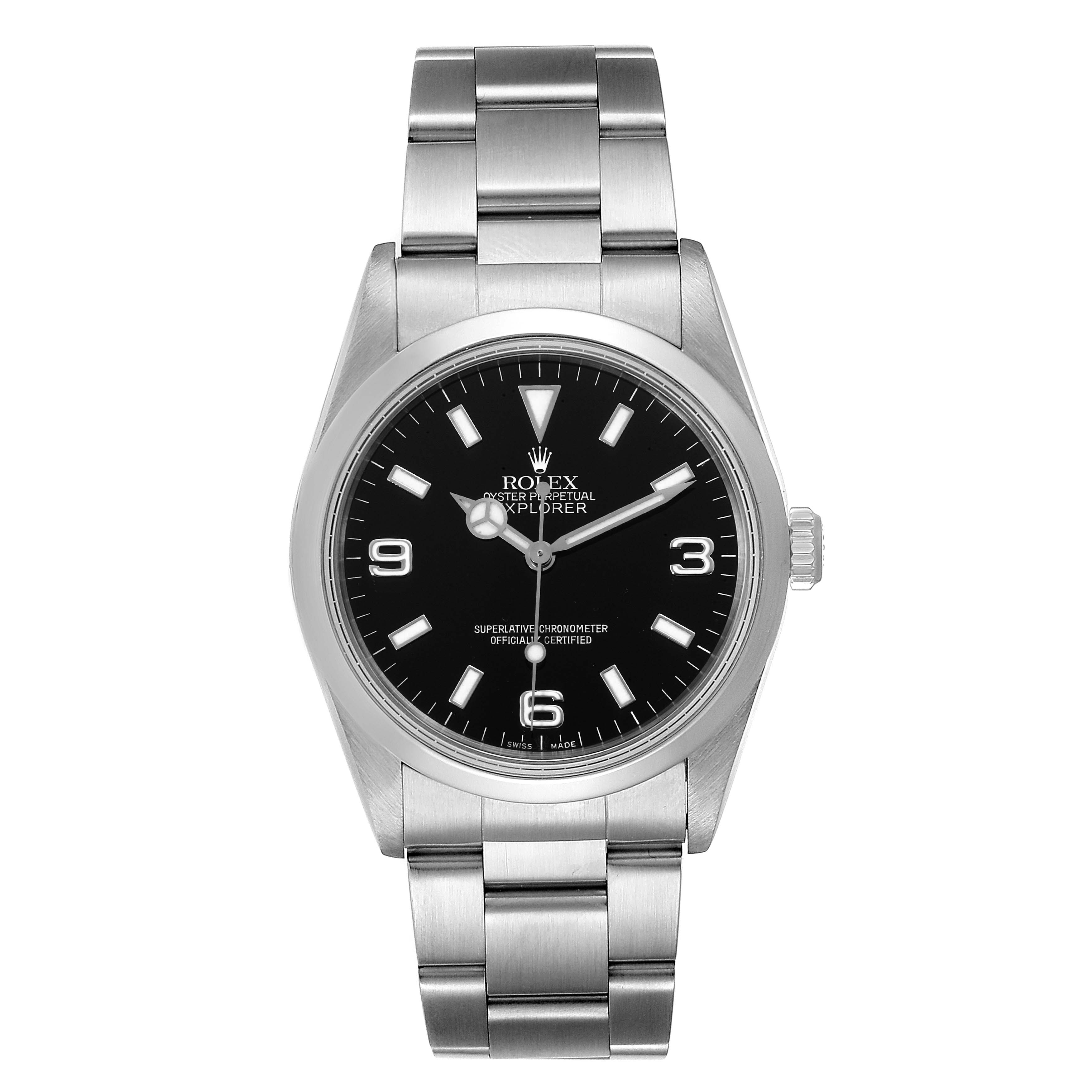 This image shows a frontal view of the Rolex Explorer 14270 Men's Stainless Steel Black Dial 14270 Men's Stainless Steel Black Dial watch, showcasing its black dial, stainless steel case, and bracelet.