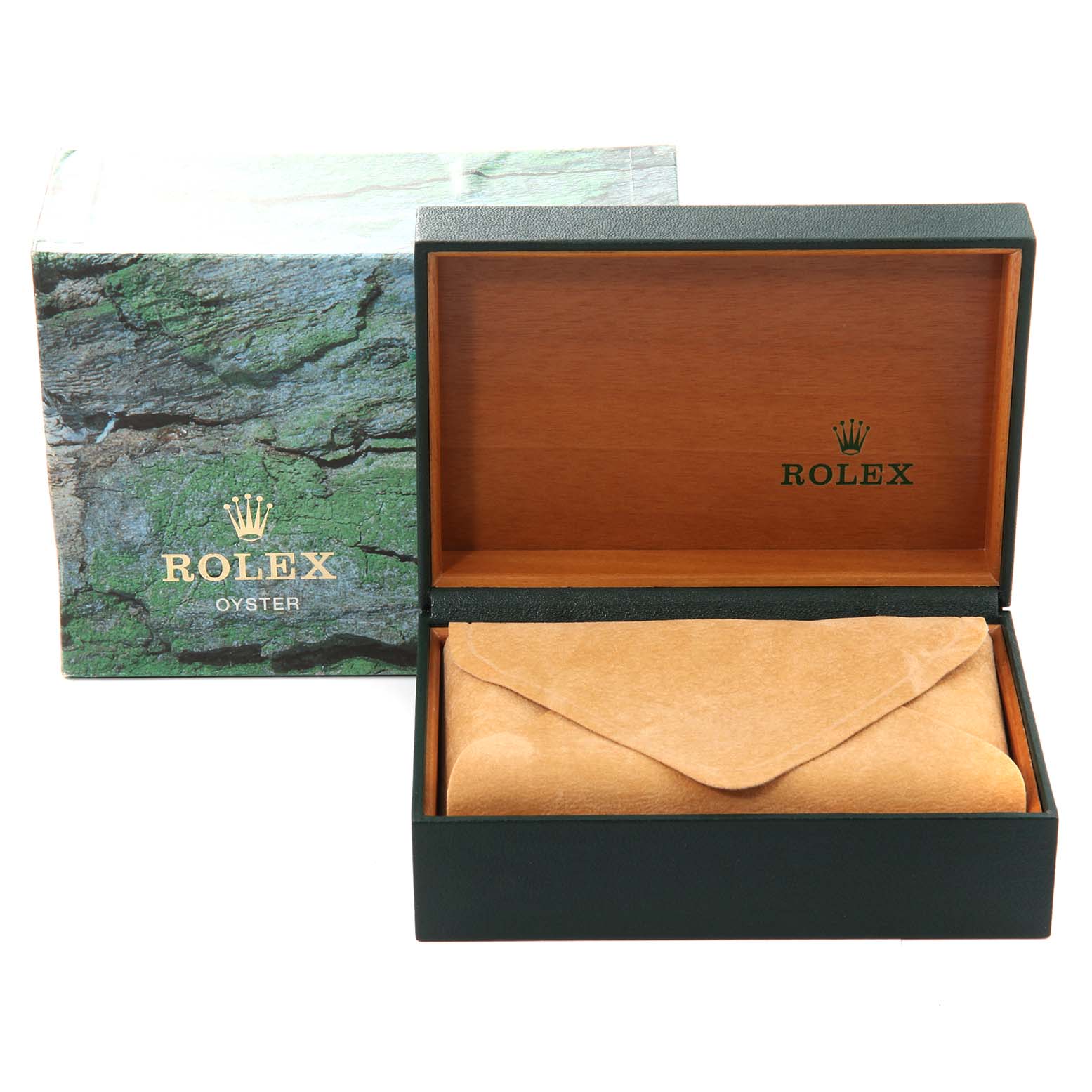 The image shows the packaging boxes, both exterior and interior, for a Rolex Oyster Explorer model watch.