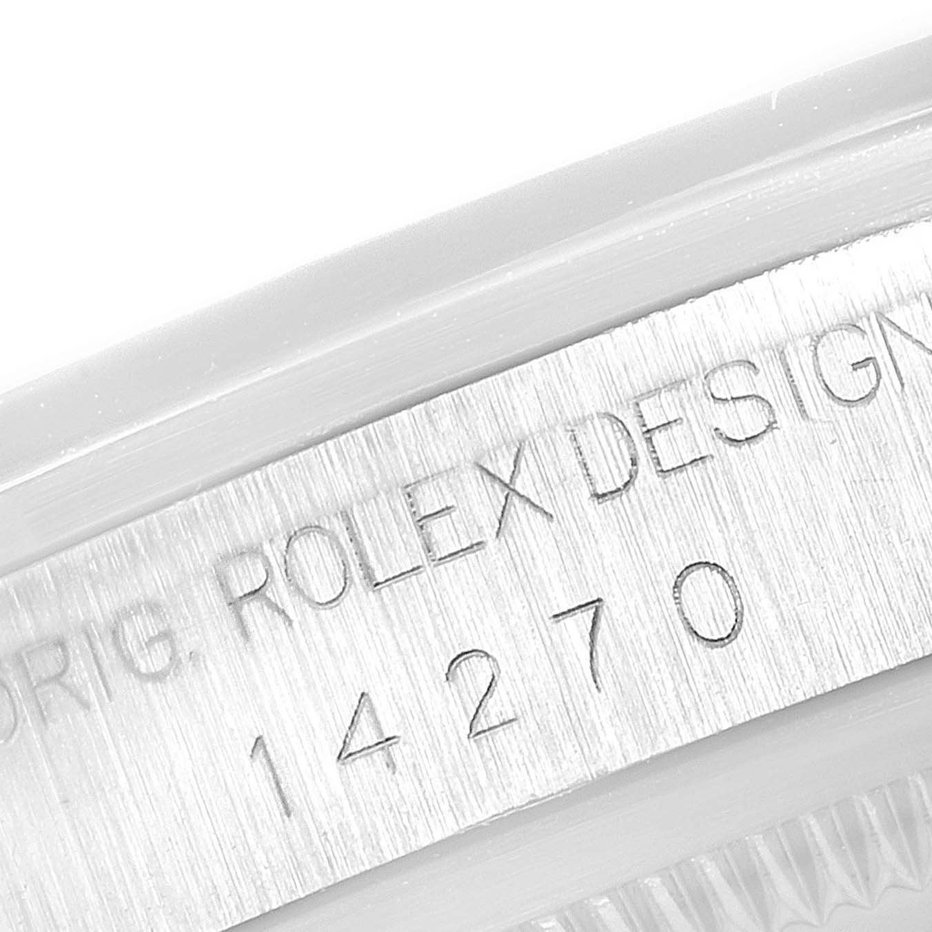 The image shows a closeup of the case side, featuring the model number and engraving of the Rolex Explorer 14270 Men's Stainless Steel Black Dial 14270 Men's Stainless Steel Black Dial watch.