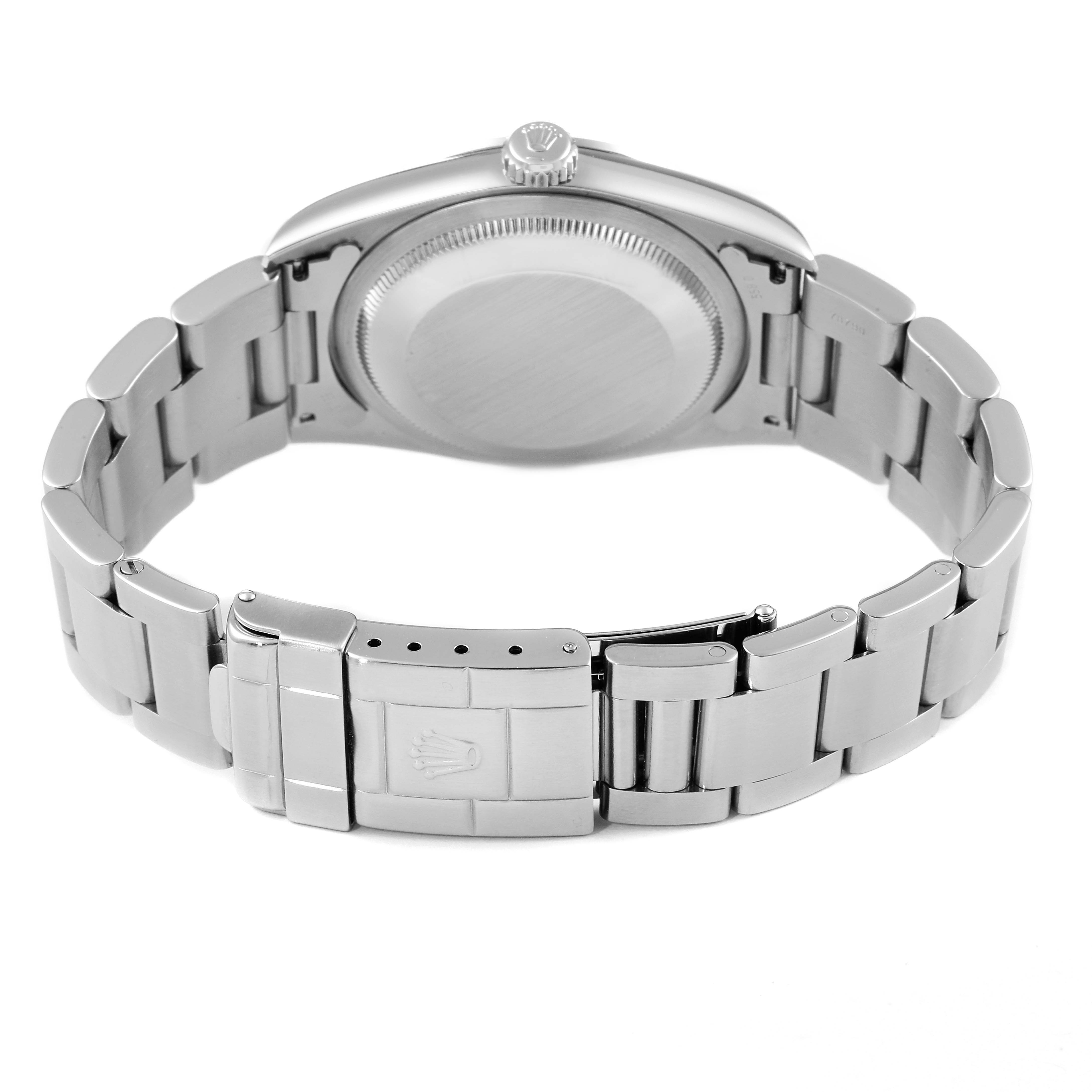 The image shows the back view of a Rolex Explorer 14270 Men's Stainless Steel Black Dial 14270 Men's Stainless Steel Black Dial watch, featuring its case back, crown, and bracelet with the clasp.