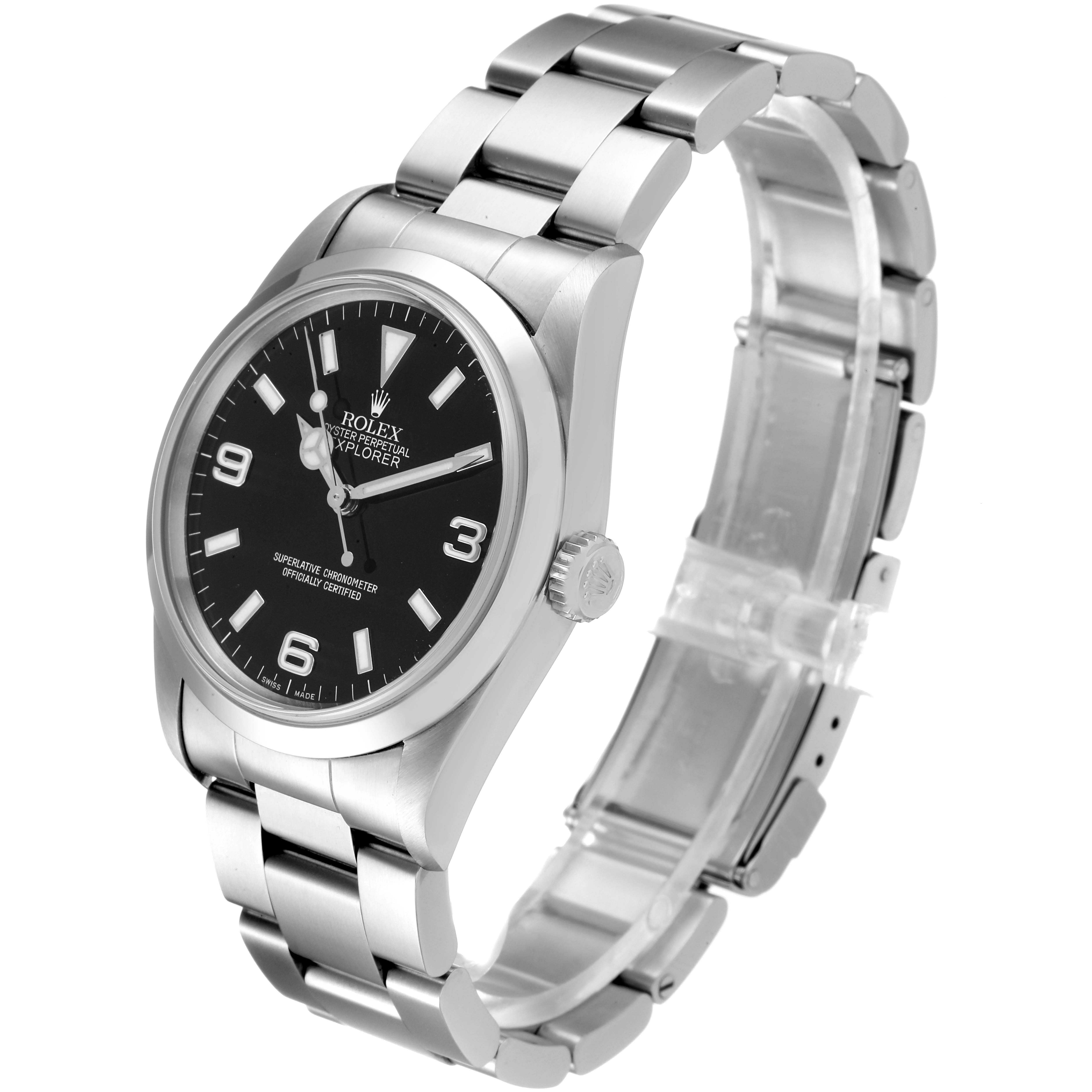 The Rolex Explorer 14270 Men's Stainless Steel Black Dial 14270 Men's Stainless Steel Black Dial watch is shown at a front-side angle, displaying its dial, bezel, crown, and metal bracelet.