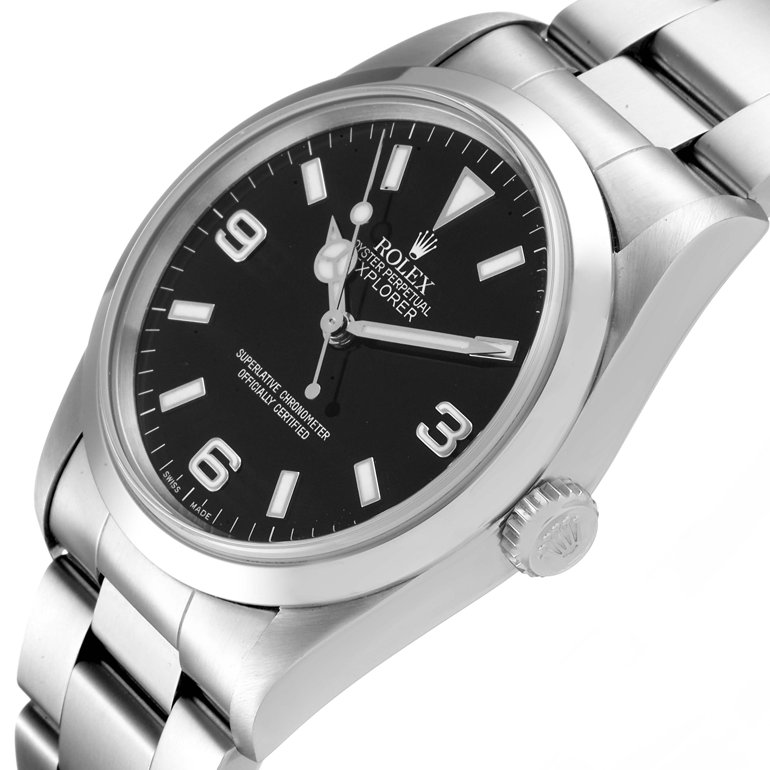 The Rolex Explorer 14270 Men's Stainless Steel Black Dial 14270 Men's Stainless Steel Black Dial watch is shown at an angled close-up, featuring the face, crown, and bracelet.