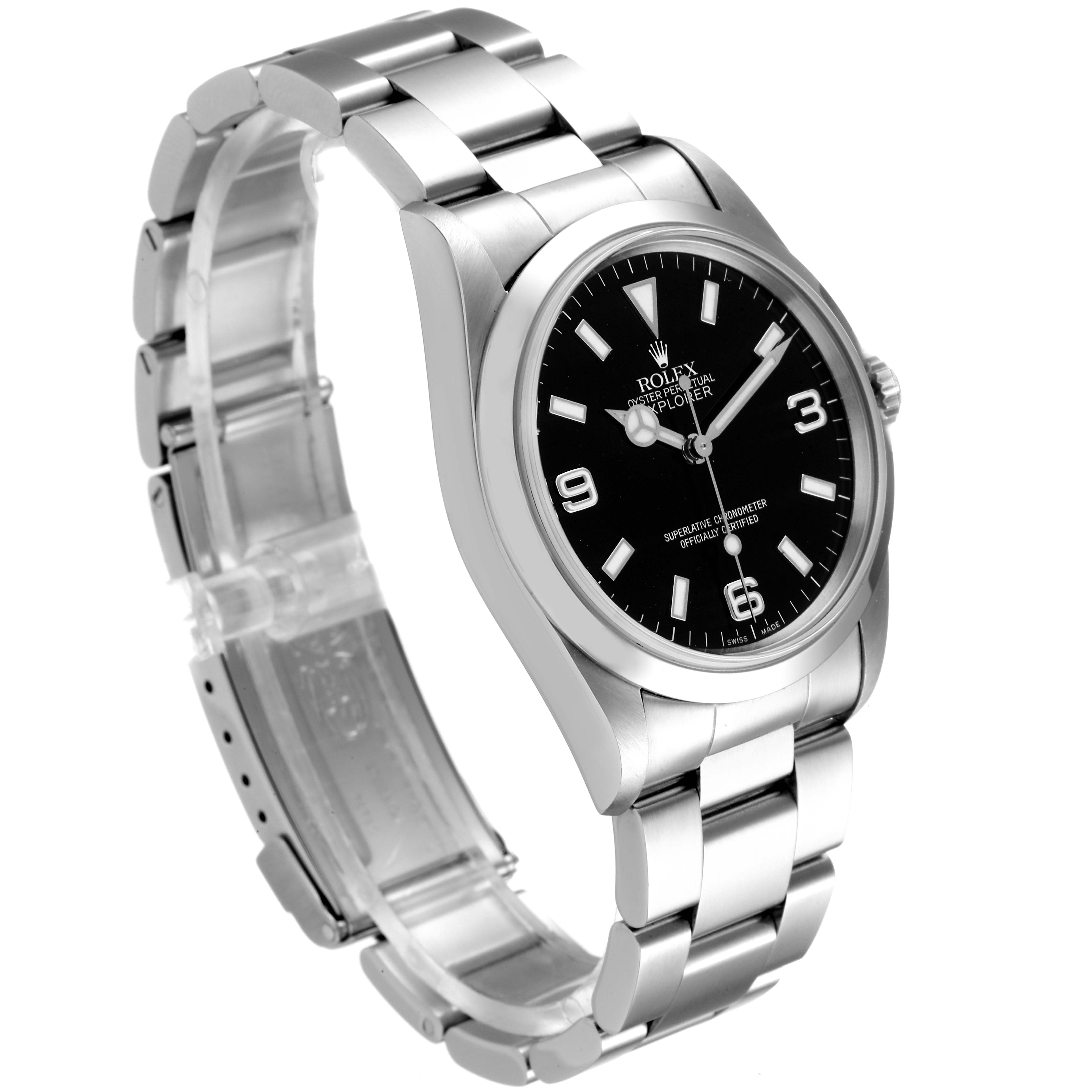 The image displays a side and front angle of a Rolex Explorer 14270 Men's Stainless Steel Black Dial 14270 Men's Stainless Steel Black Dial watch, showcasing its stainless steel bracelet and black dial.
