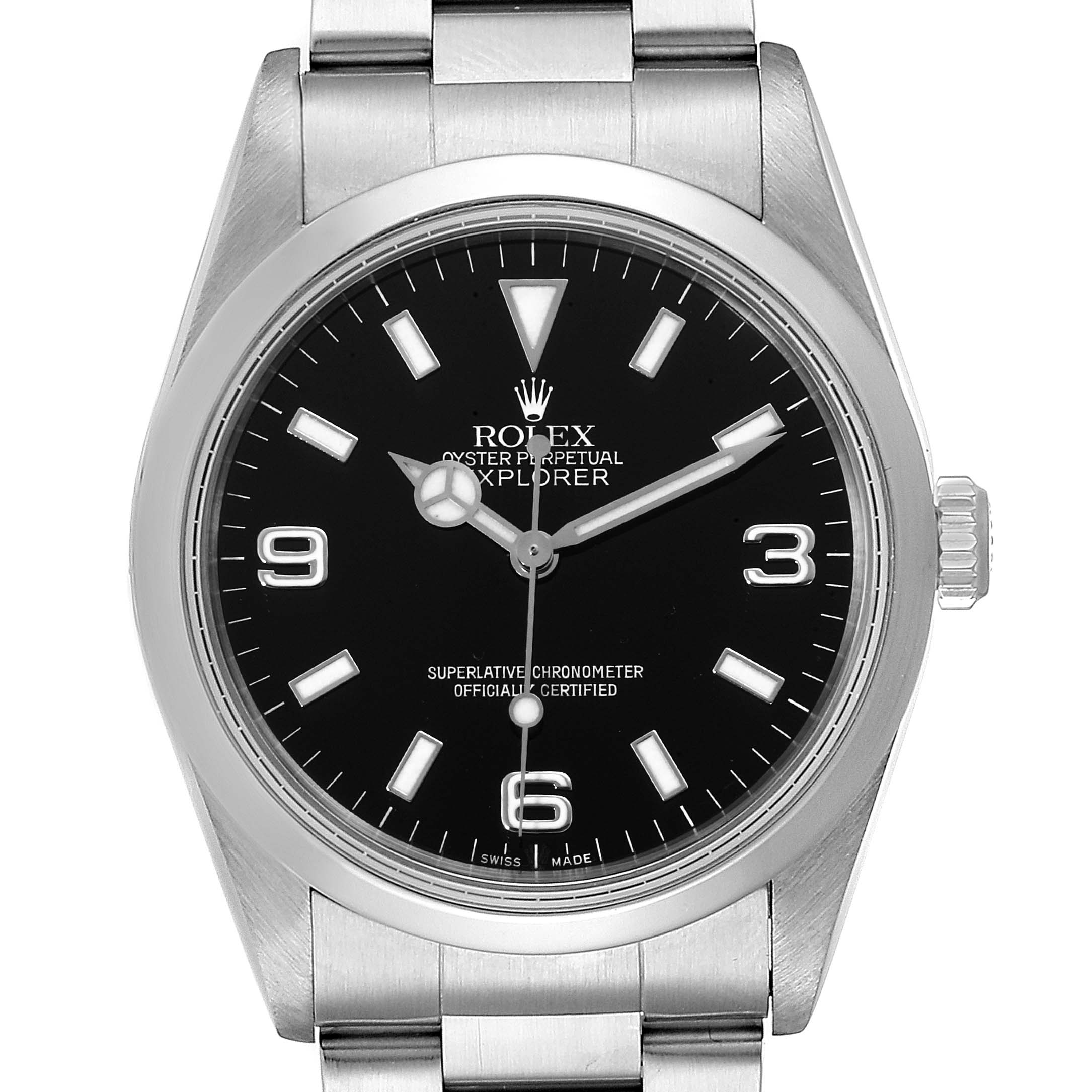 The image shows a front view of the Rolex Explorer 14270 Men's Stainless Steel Black Dial 14270 Men's Stainless Steel Black Dial watch, highlighting its black dial, markers, hands, and stainless steel bracelet.