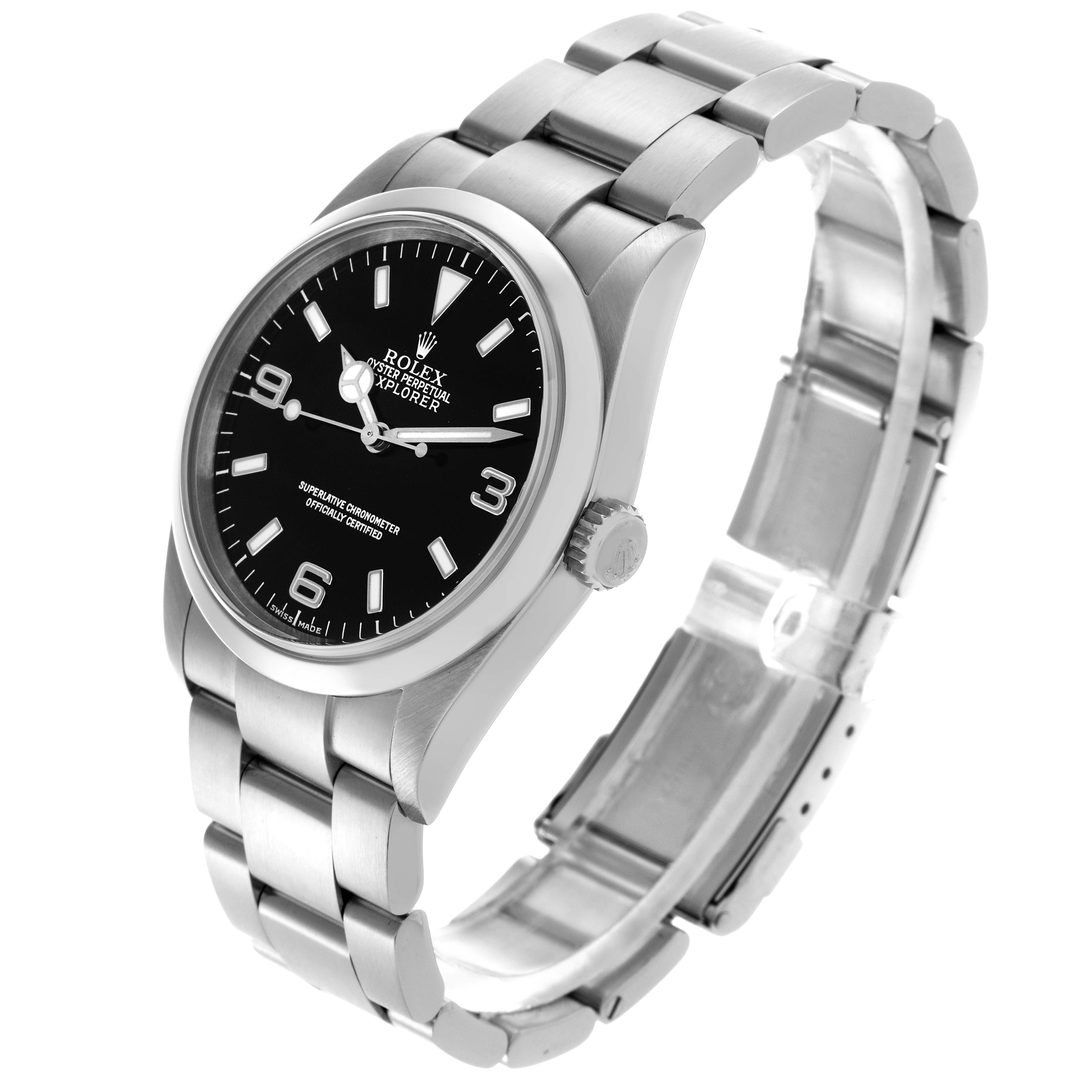 The Rolex Explorer 114270 Men
s Stainless Steel Black Dial 114270 Men
s Stainless Steel Black Dial watch is shown at an angle highlighting the face, bezel, crown, and bracelet.