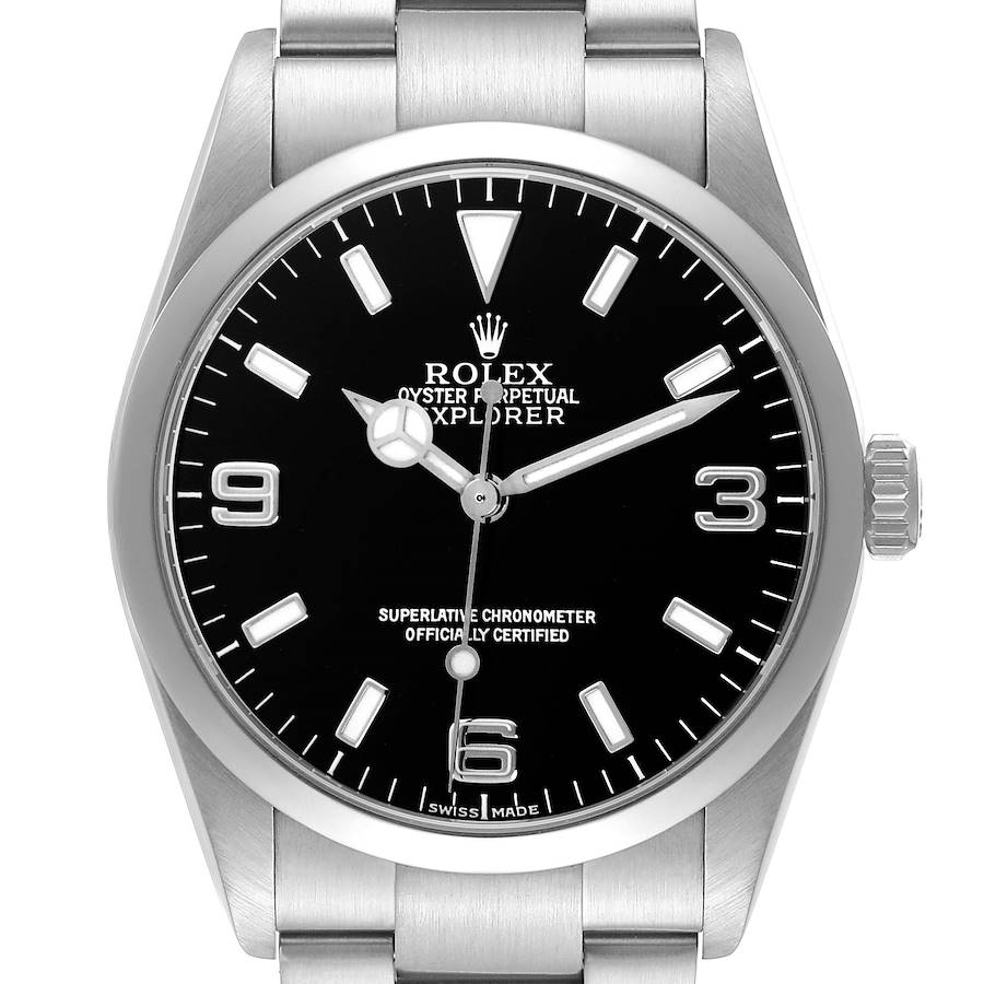 The Rolex Explorer watch is shown from a front angle, highlighting the dial, bezel, and crown.