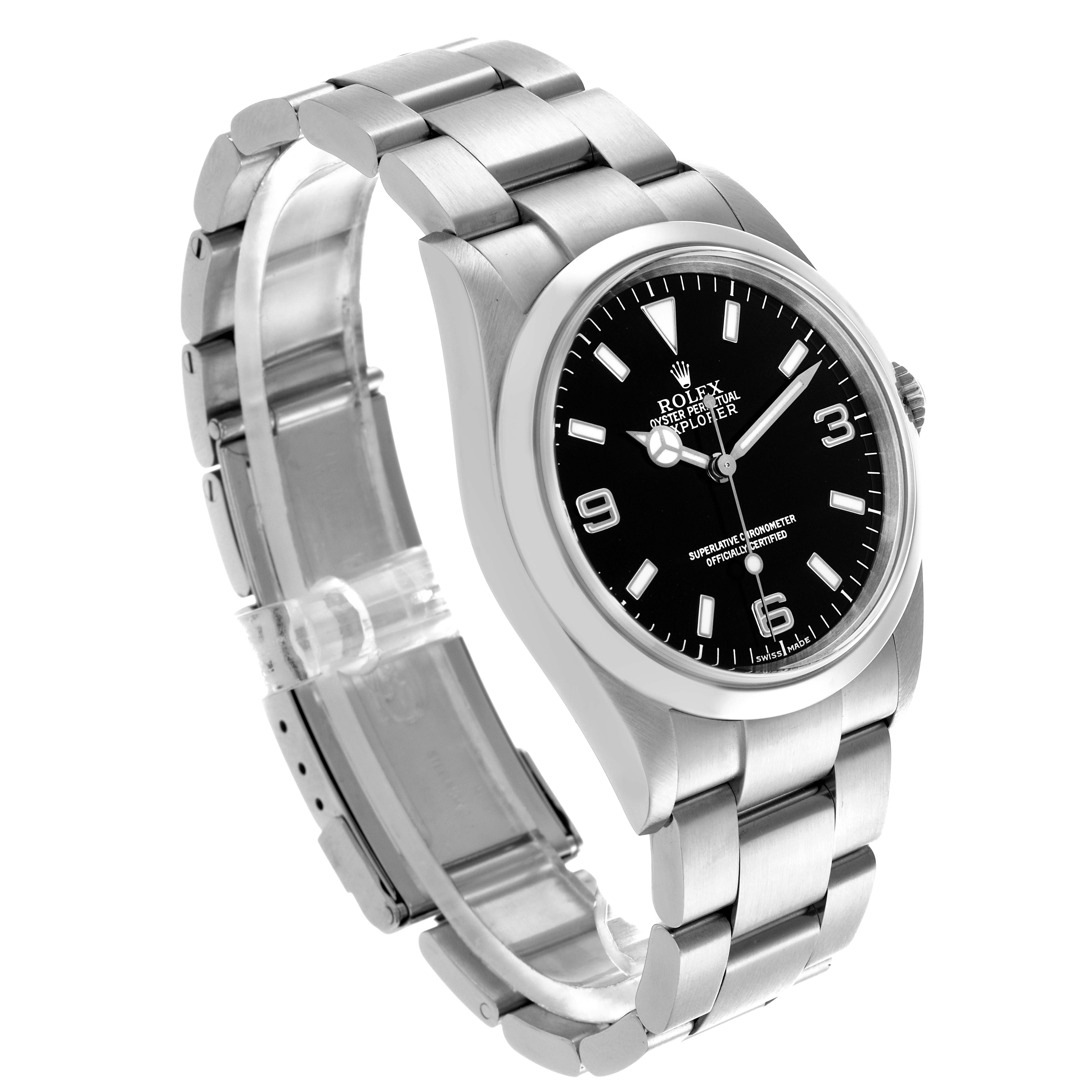 The Rolex Explorer 114270 Men
s Stainless Steel Black Dial 114270 Men
s Stainless Steel Black Dial watch is shown at a three-quarter angle, featuring its black dial, indices, numerals, and stainless steel bracelet.