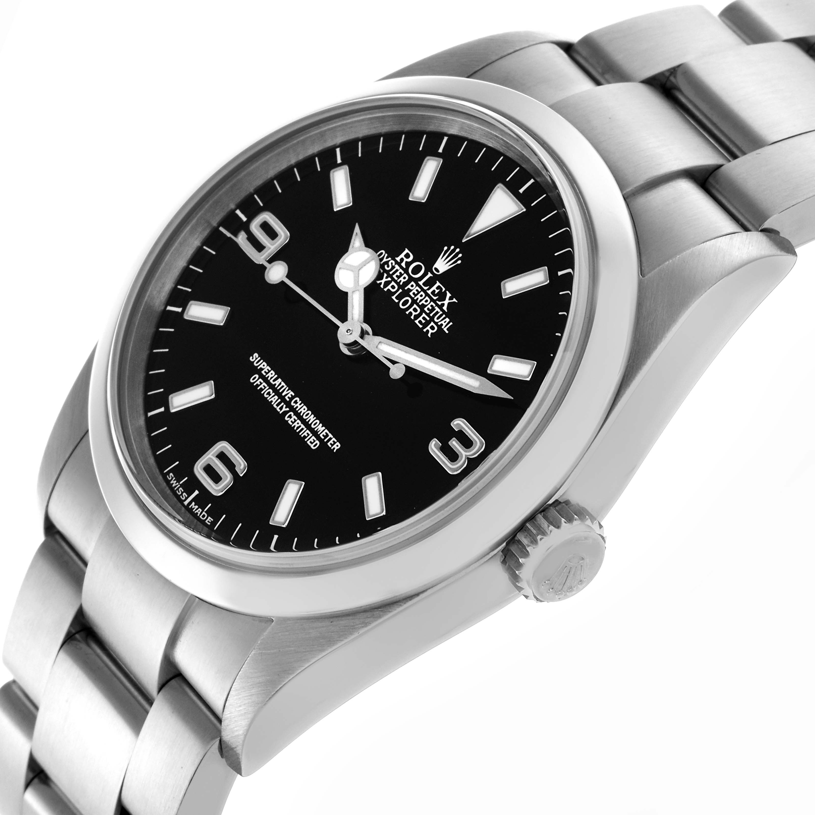 The Rolex Explorer 114270 Men
s Stainless Steel Black Dial 114270 Men
s Stainless Steel Black Dial watch is angled to show the dial, bezel, crown, and part of the bracelet.