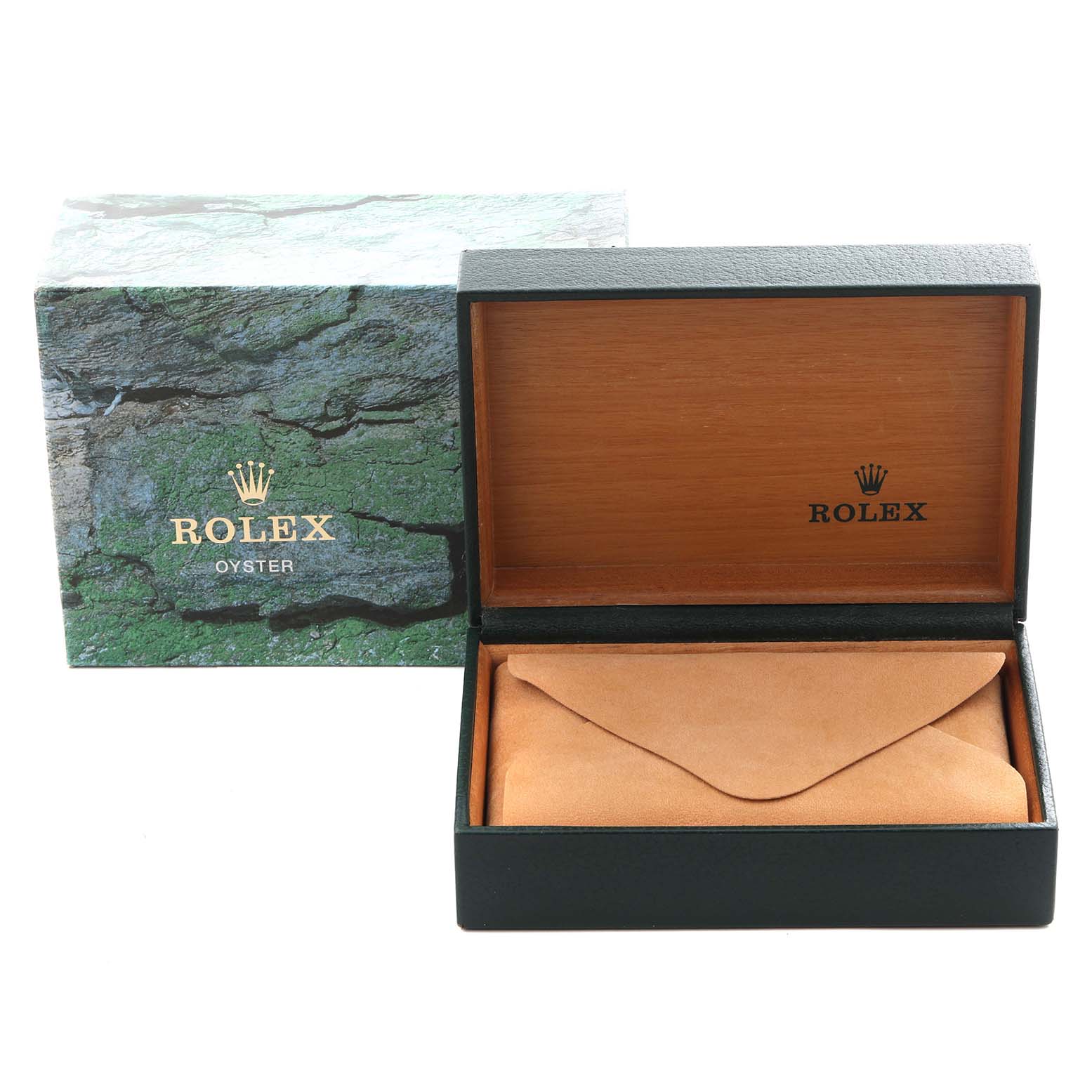 The image features a Rolex Explorer 114270 Men
s Stainless Steel Black Dial 114270 Men
s Stainless Steel Black Dial watch box and cover, viewed from the front, including a leather pouch inside.