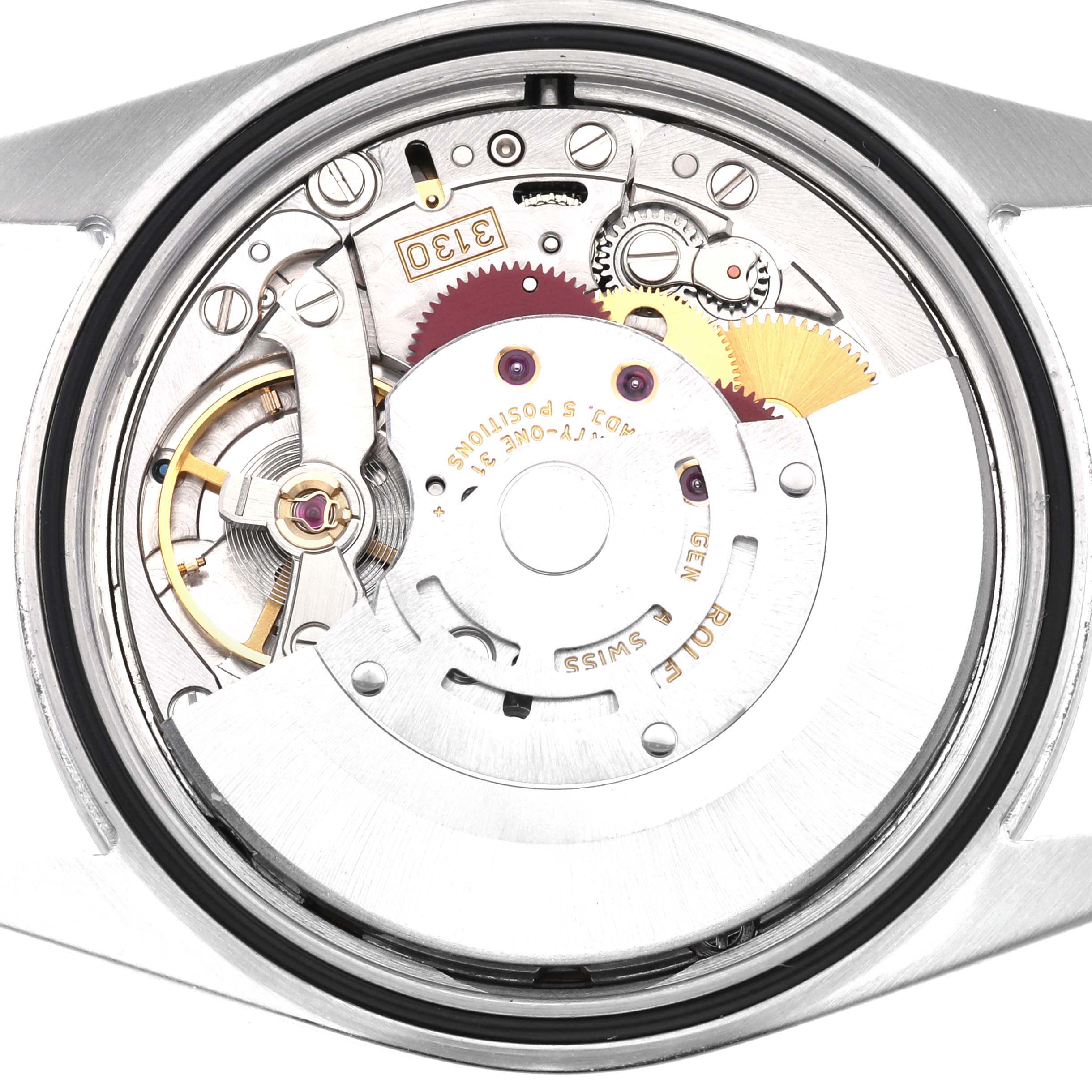 The image shows the movement of a Rolex Explorer 114270 Men
s Stainless Steel Black Dial 114270 Men
s Stainless Steel Black Dial watch from the back, highlighting its internal mechanical parts.
