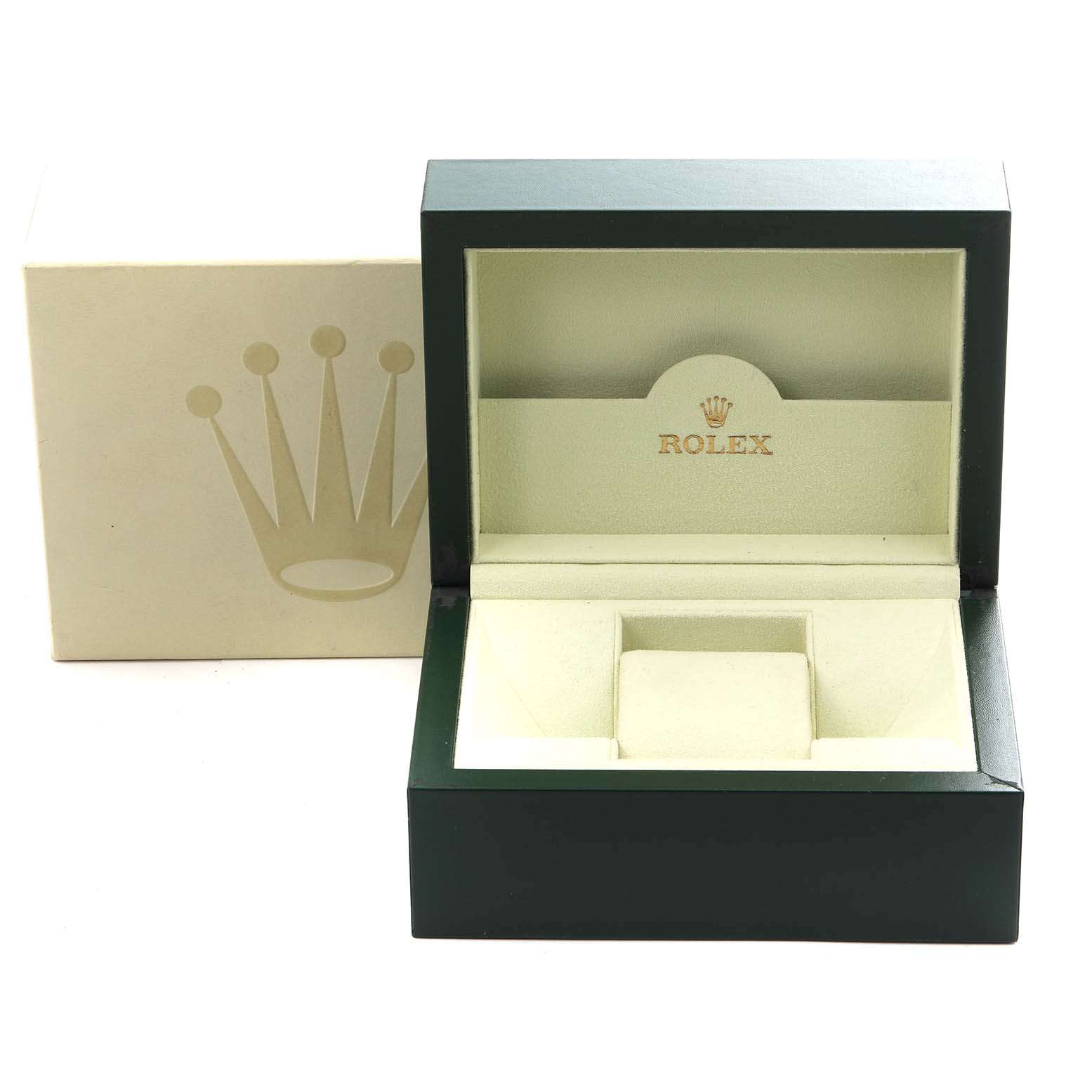 The image shows an open Rolex Explorer 114270 Men
s Stainless Steel Black Dial 114270 Men
s Stainless Steel Black Dial watch box at a front angle, with the outer box visible in the background.