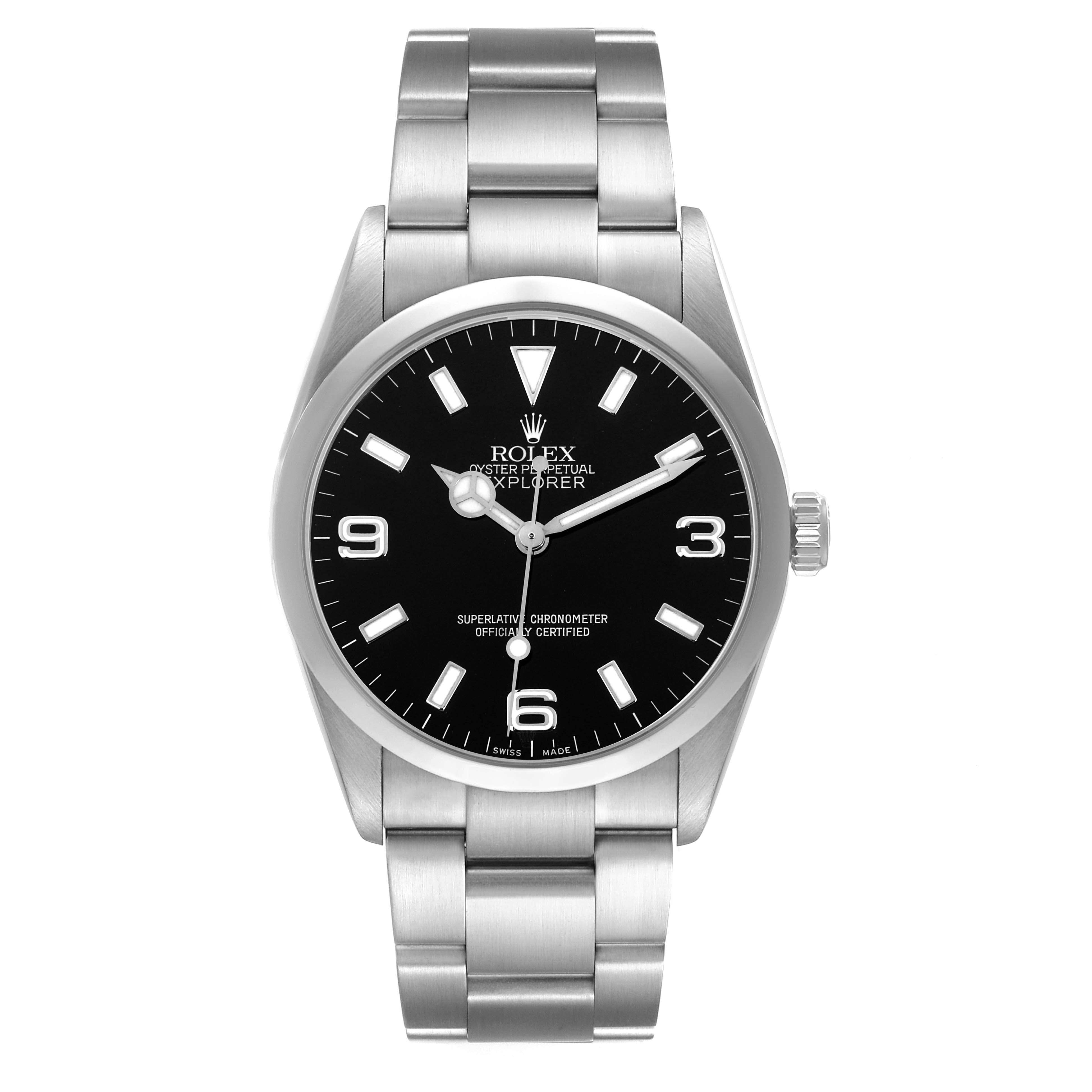 The Rolex Explorer 114270 Men
s Stainless Steel Black Dial 114270 Men
s Stainless Steel Black Dial watch is shown from a front angle, displaying the dial, bezel, and full stainless steel bracelet.
