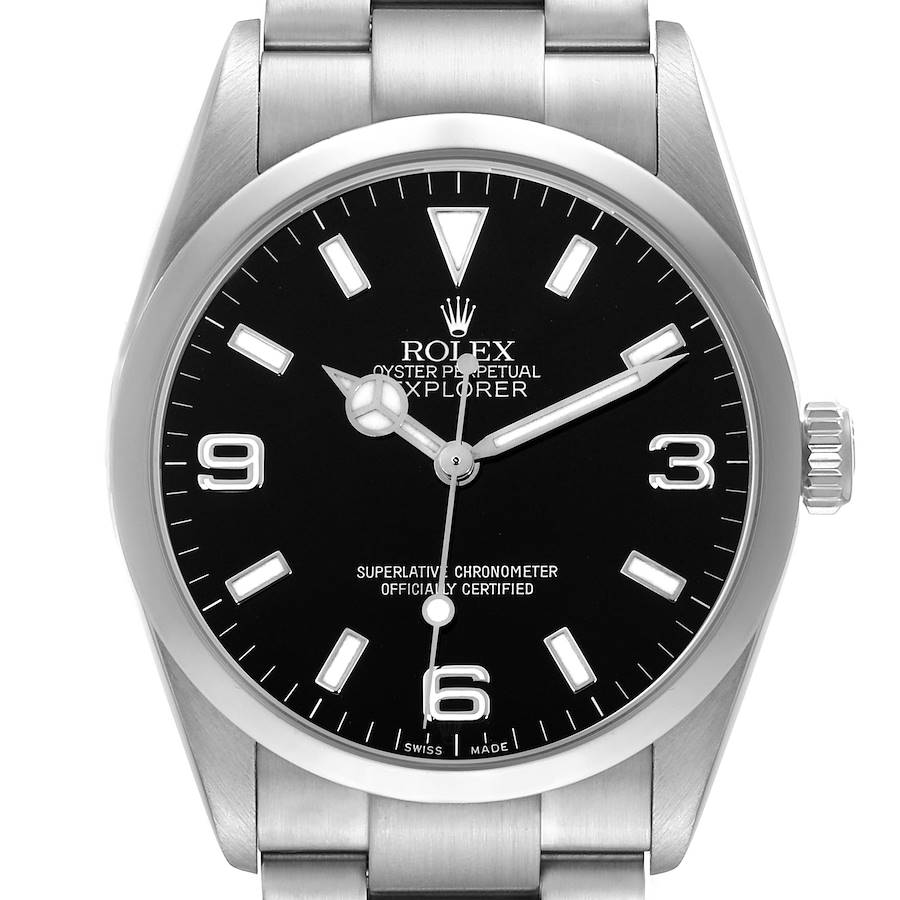 The Rolex Explorer watch is shown from a front angle, displaying the dial, bezel, crown, and part of the bracelet.