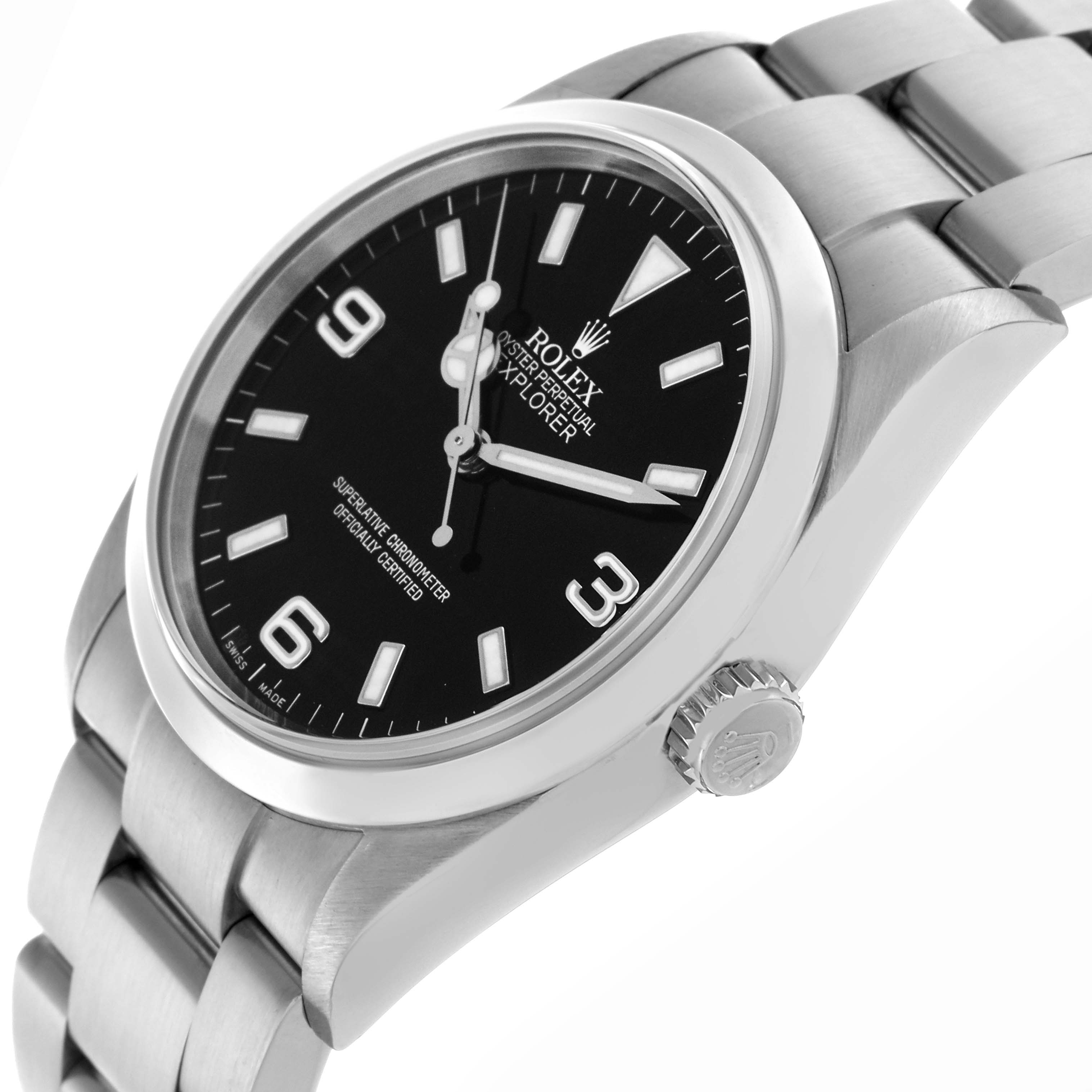 The Rolex Explorer 114270 Men
s Stainless Steel Black Dial 114270 Men
s Stainless Steel Black Dial watch is shown from a side angle, highlighting the black dial, crown, and stainless steel bracelet.