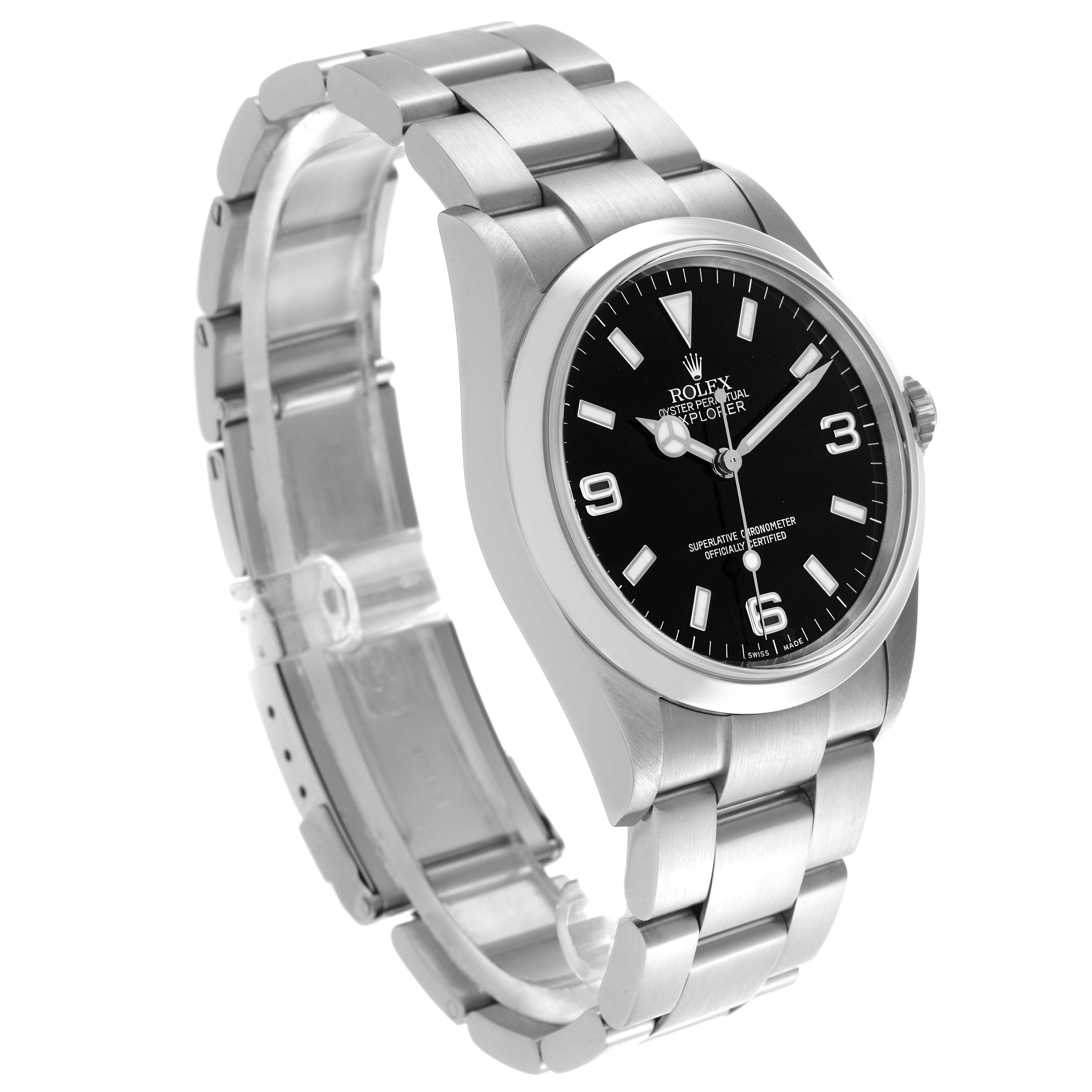 The Rolex Explorer 114270 Men
s Stainless Steel Black Dial 114270 Men
s Stainless Steel Black Dial watch is angled to show the face, bezel, and partially open bracelet.