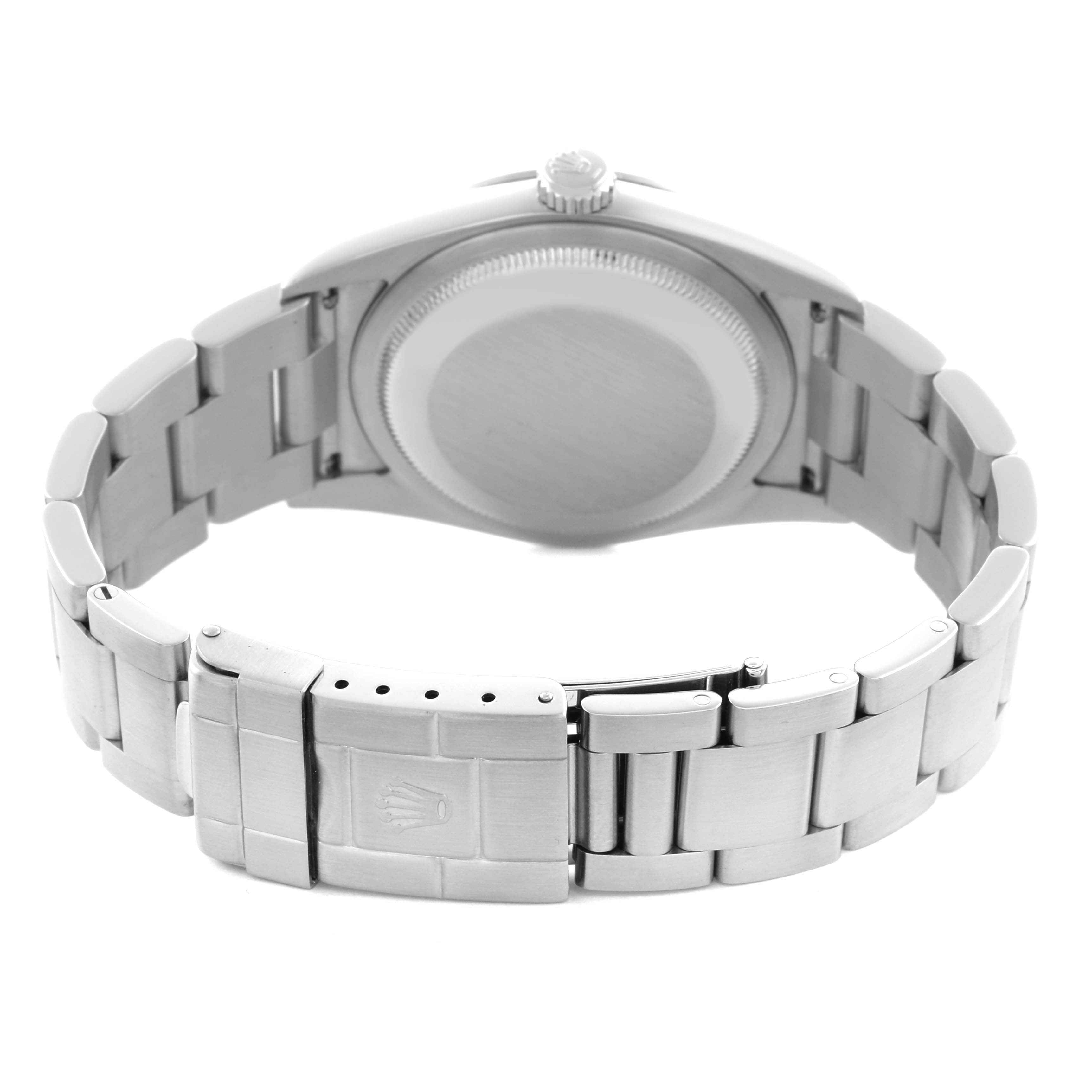 The image shows the back view of the Rolex Explorer 114270 Men
s Stainless Steel Black Dial 114270 Men
s Stainless Steel Black Dial, focusing on the case back and bracelet clasp.