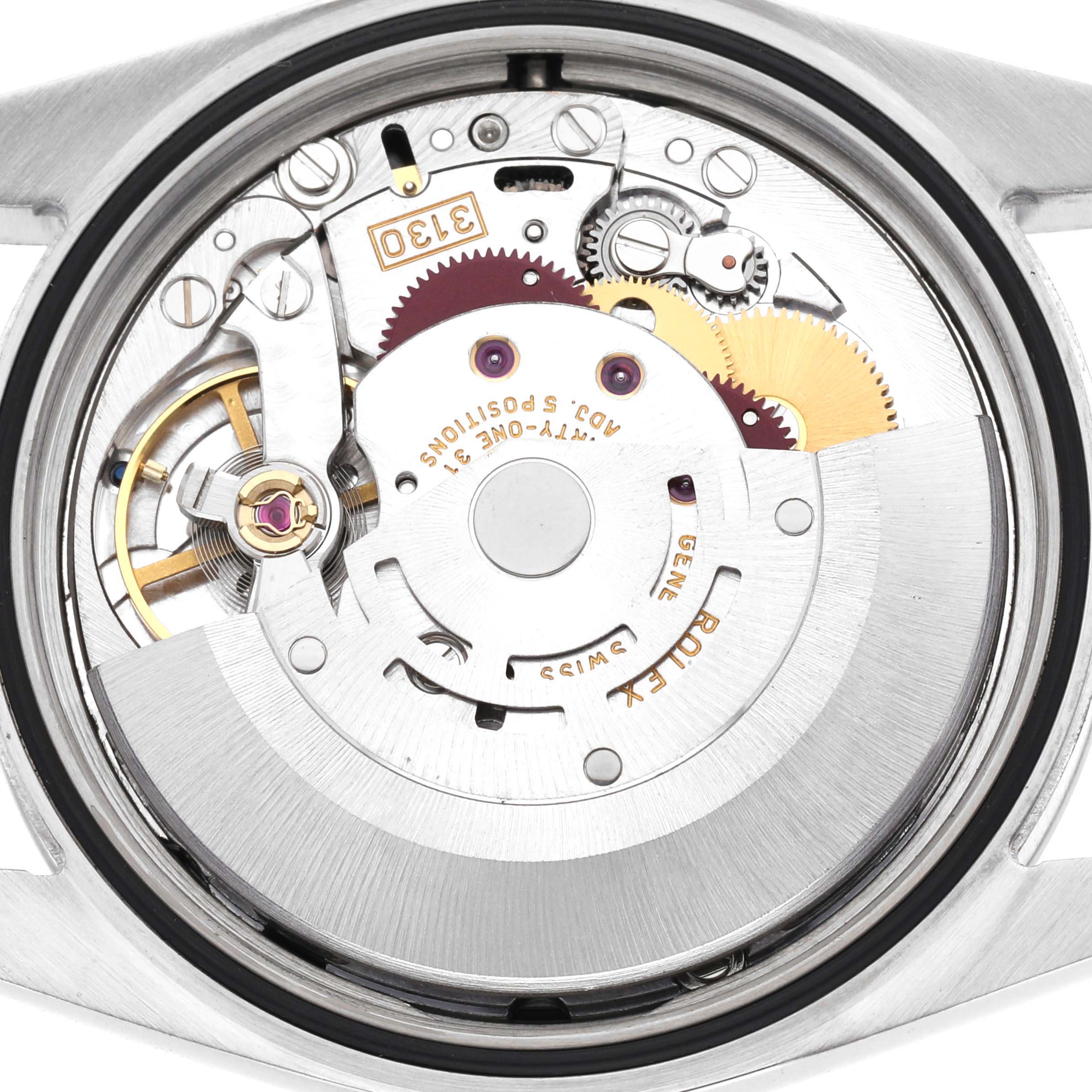 The image shows the rear view of a Rolex Explorer 114270 Men
s Stainless Steel Black Dial 114270 Men
s Stainless Steel Black Dial watch, featuring its mechanical movement and rotor.