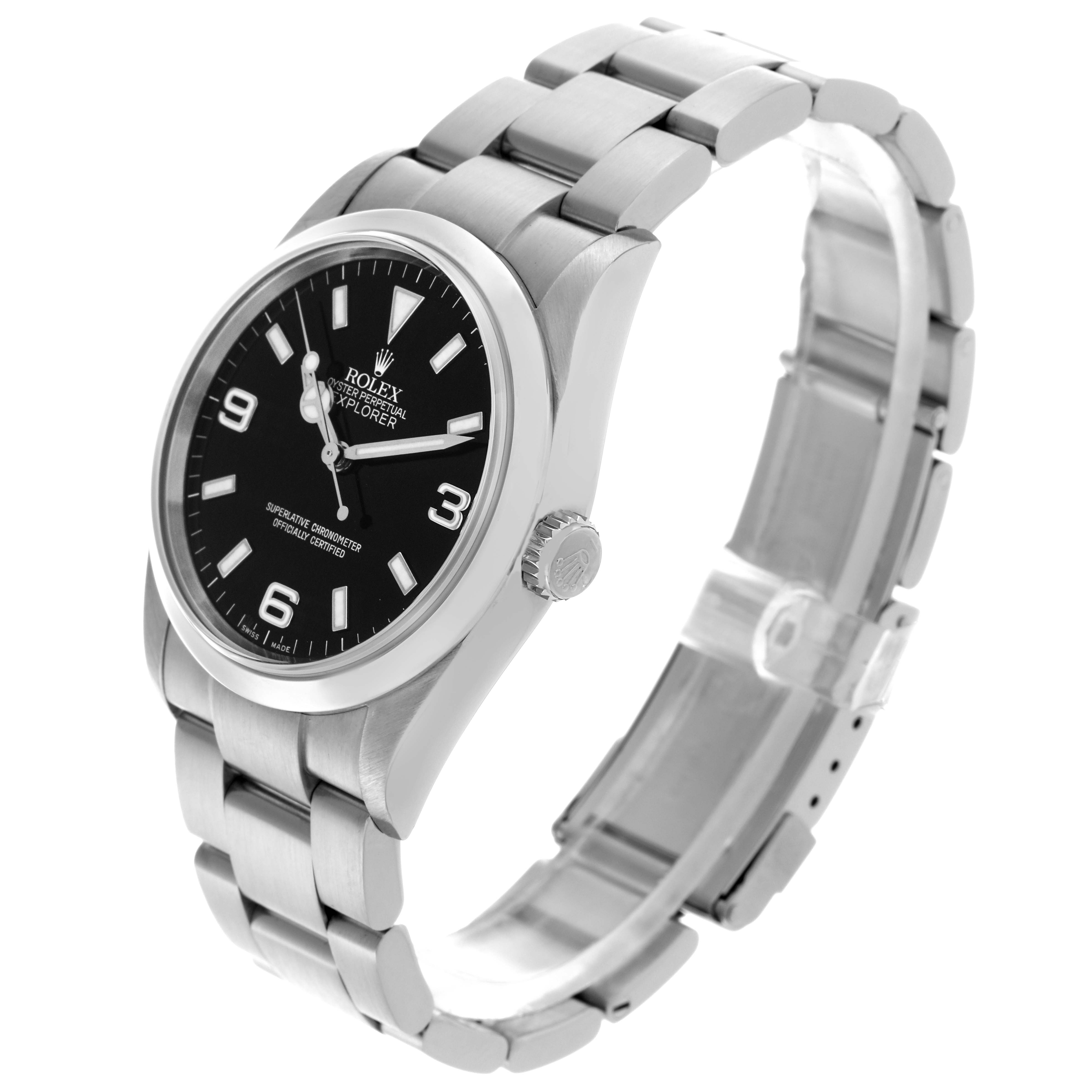 The Rolex Explorer 114270 Men
s Stainless Steel Black Dial 114270 Men
s Stainless Steel Black Dial watch is shown at a three-quarter angle, displaying the bezel, crown, dial, and bracelet.