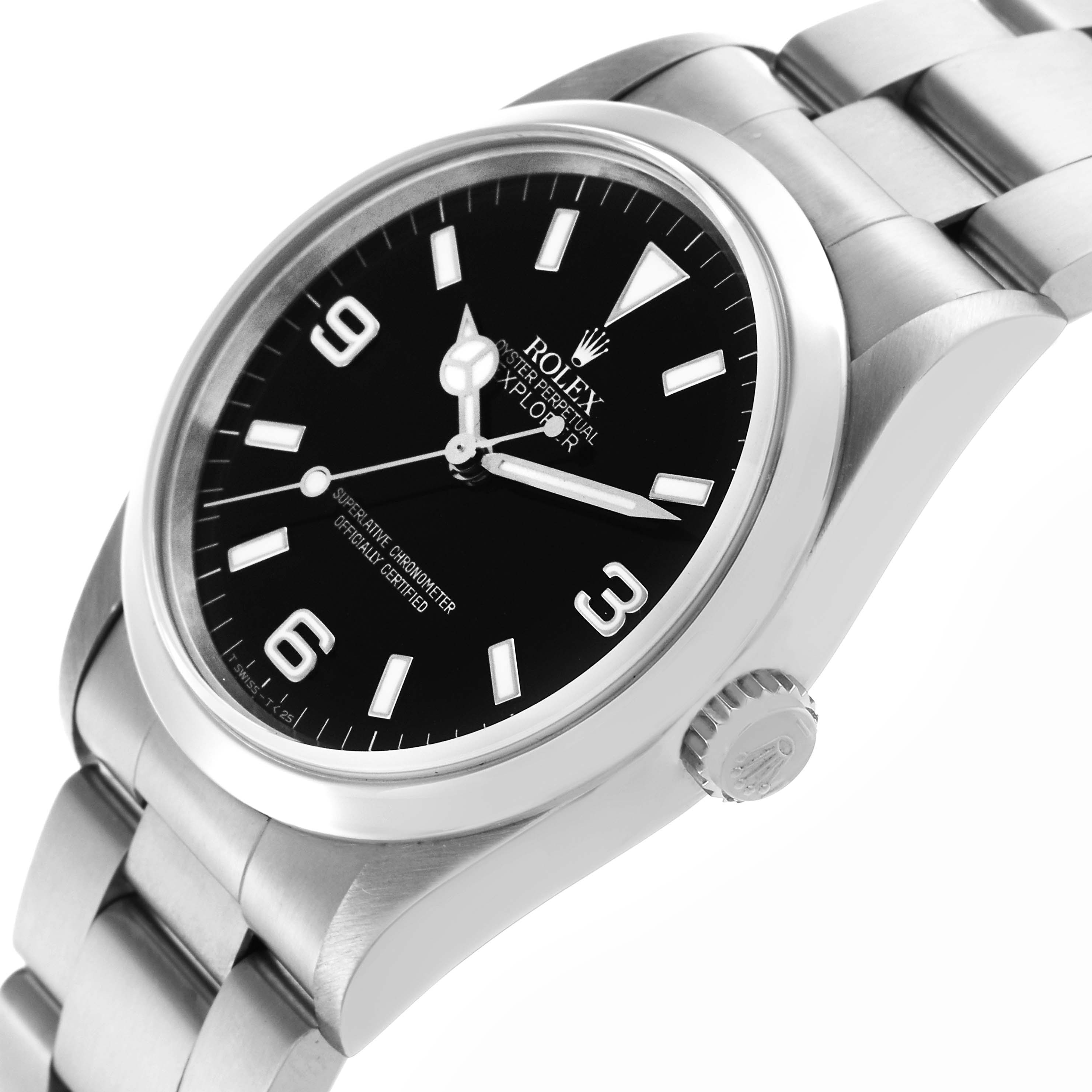 The Rolex Explorer 14270 Men
s Stainless Steel Black Dial 14270 Men
s Stainless Steel Black Dial watch is shown at an angled view, highlighting its dial, bezel, crown, and part of the bracelet.