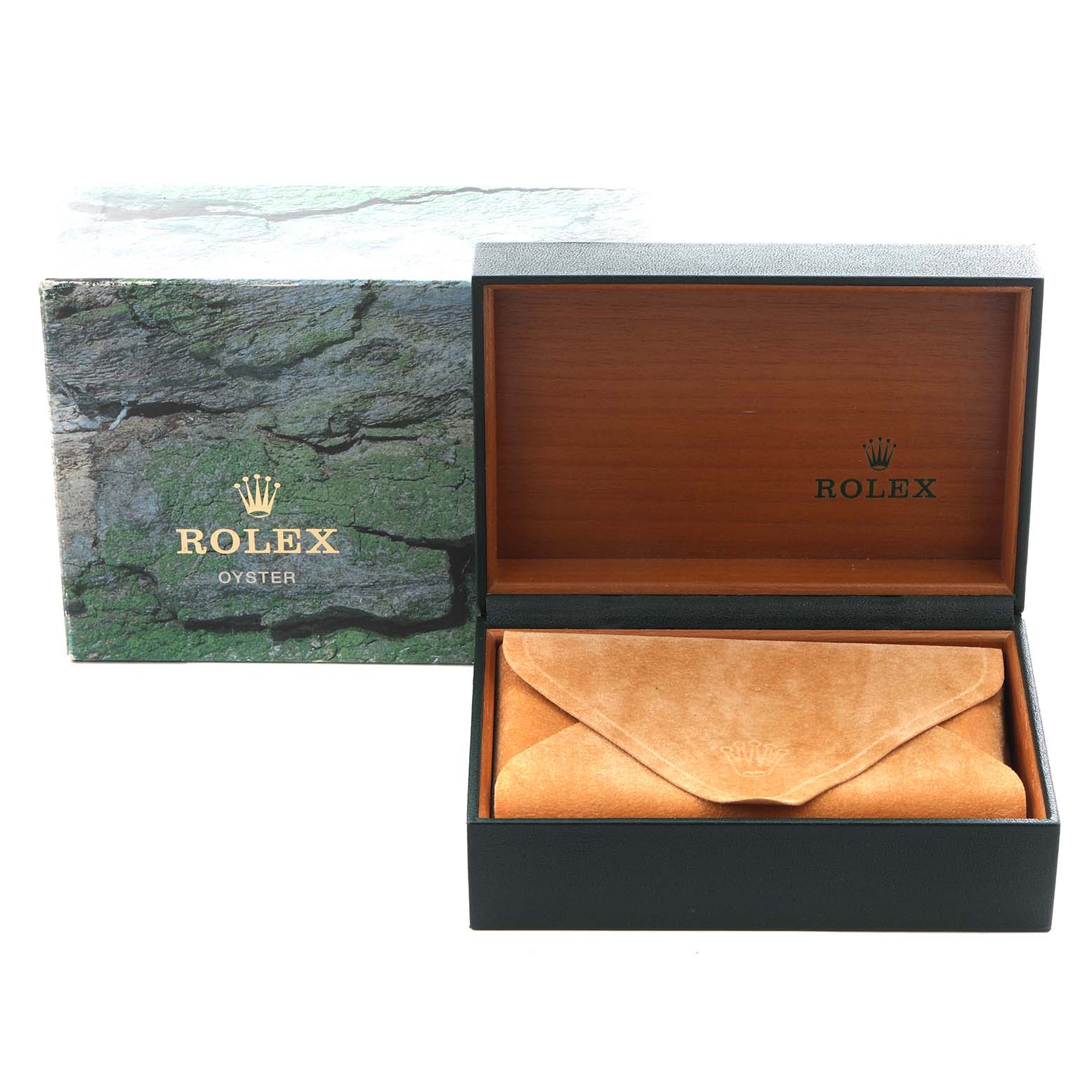 The image shows a Rolex Explorer 14270 Men
s Stainless Steel Black Dial 14270 Men
s Stainless Steel Black Dial watch box with a green textured outer box and a wooden inner box containing a suede pouch.