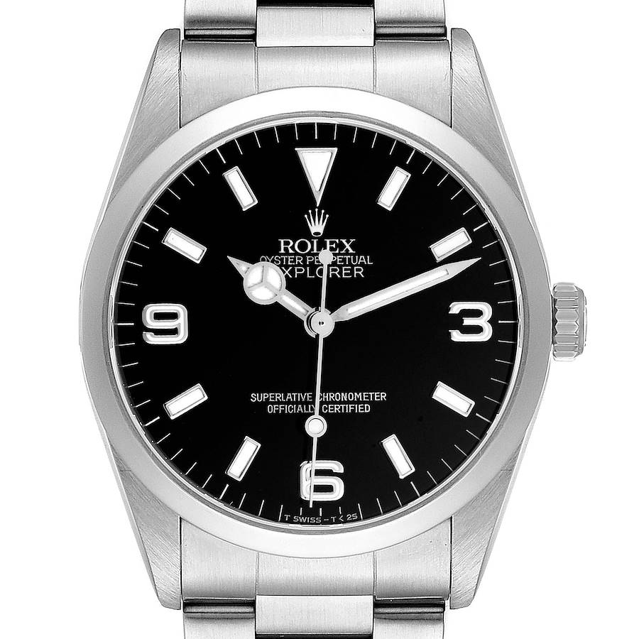 The Rolex Explorer is shown from the front, displaying the dial, hands, and part of the bracelet and crown.