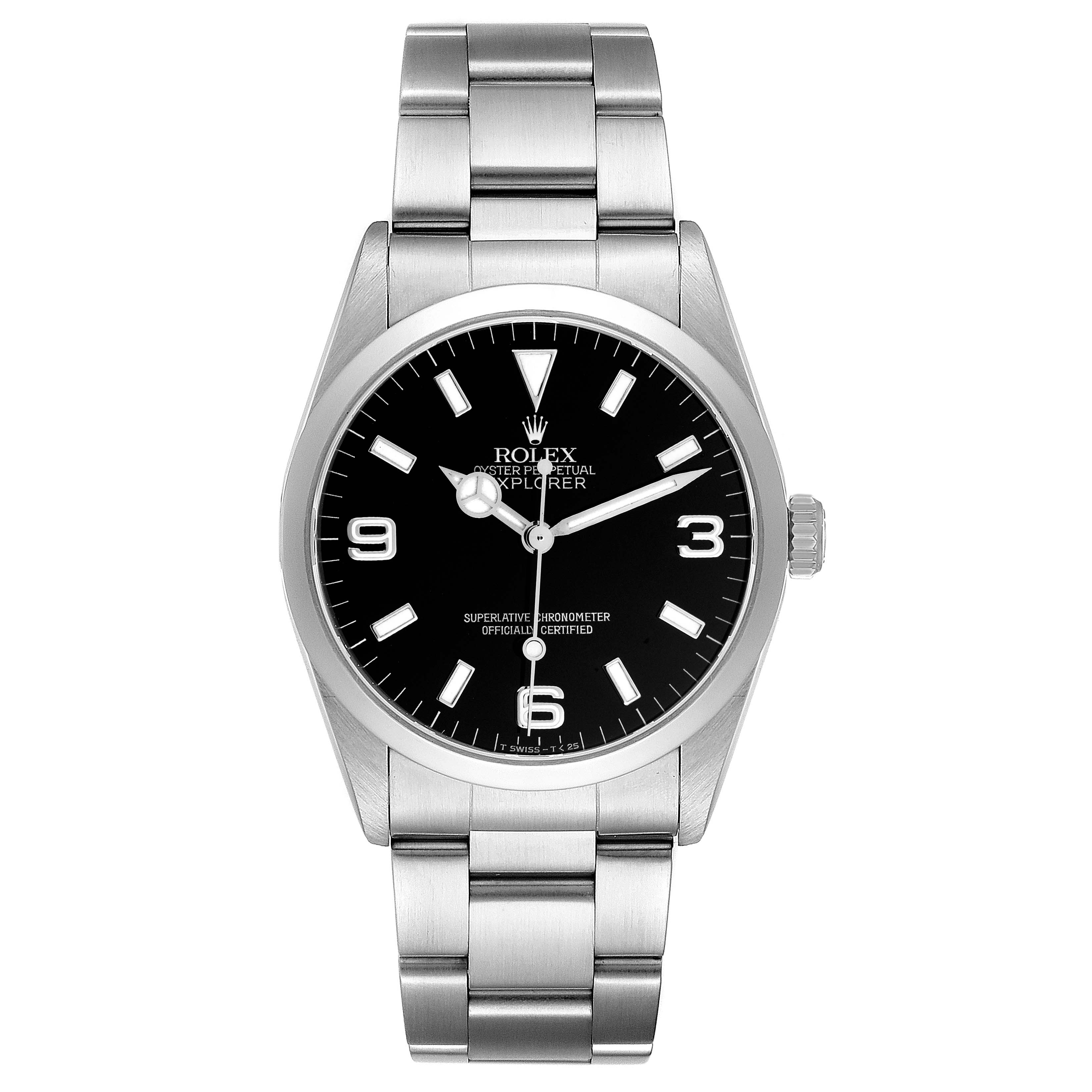 The Rolex Explorer 14270 Men
s Stainless Steel Black Dial 14270 Men
s Stainless Steel Black Dial watch is shown from the front, highlighting its face, bezel, and bracelet.