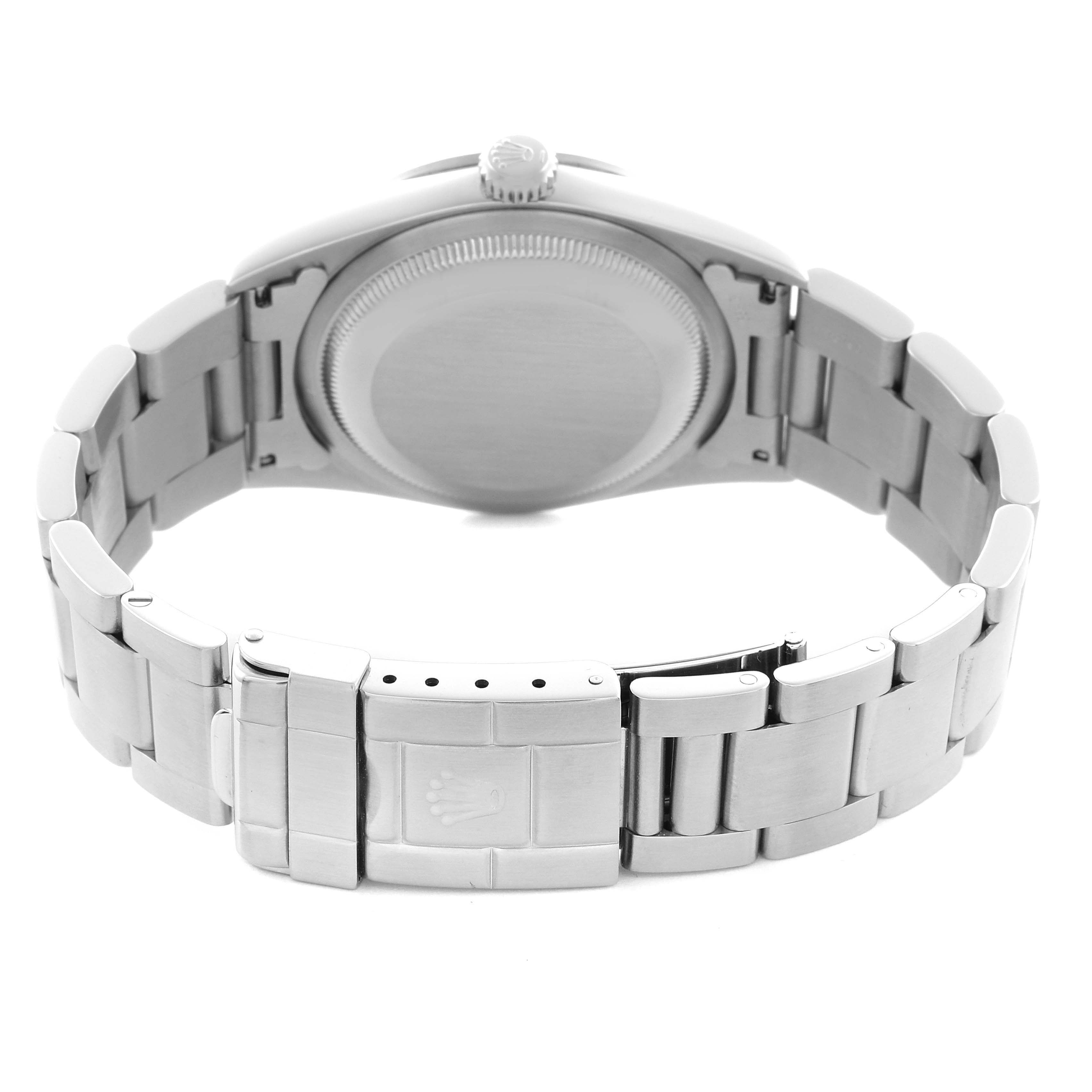 The image shows the Rolex Explorer 14270 Men
s Stainless Steel Black Dial 14270 Men
s Stainless Steel Black Dial watch from the back, highlighting the case, crown, and bracelet with clasp.