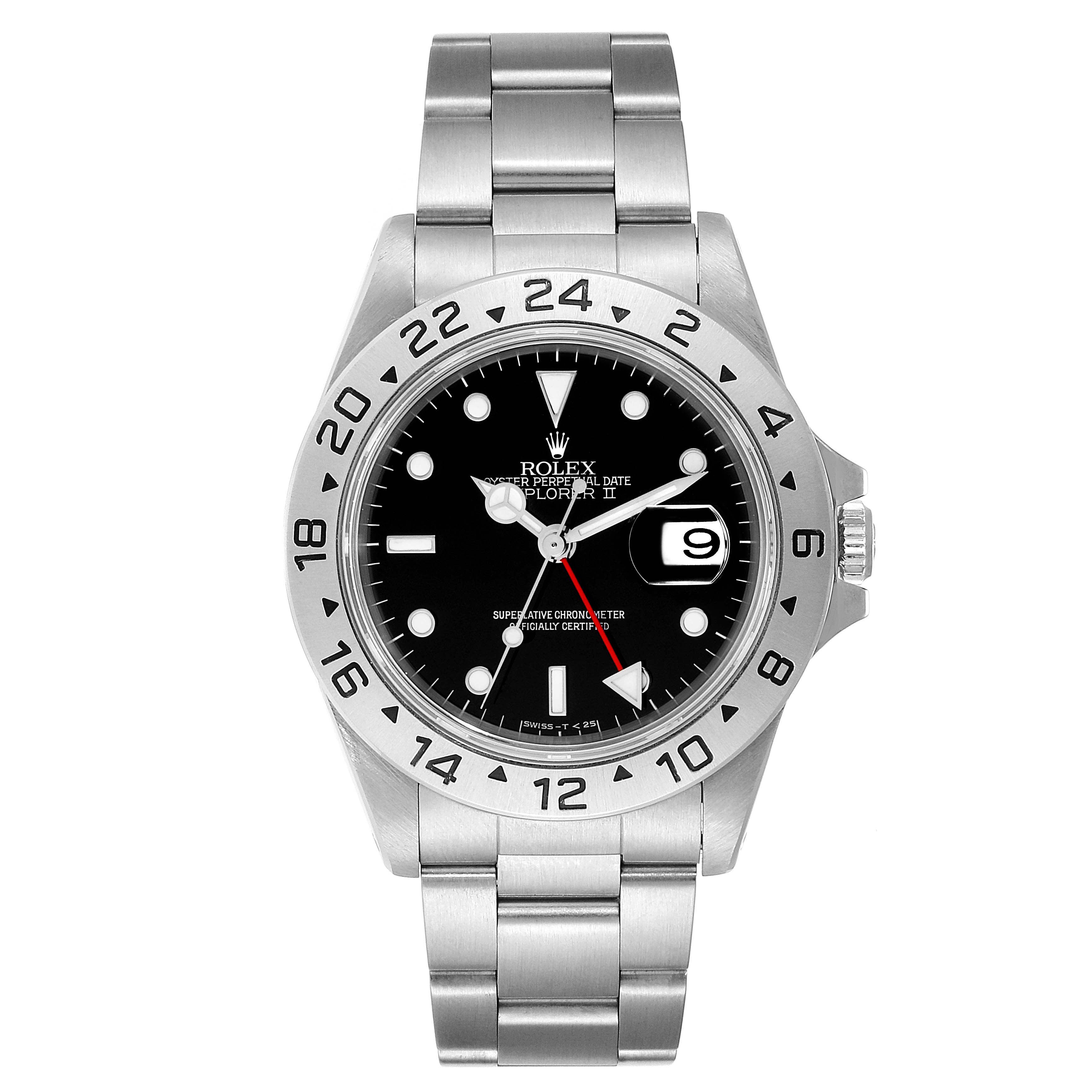 The image shows a front view of the Rolex Explorer 16570 Men
s Stainless Steel Black Dial 16570 Men
s Stainless Steel Black Dial model watch, displaying its black dial, bezel, and stainless steel bracelet.