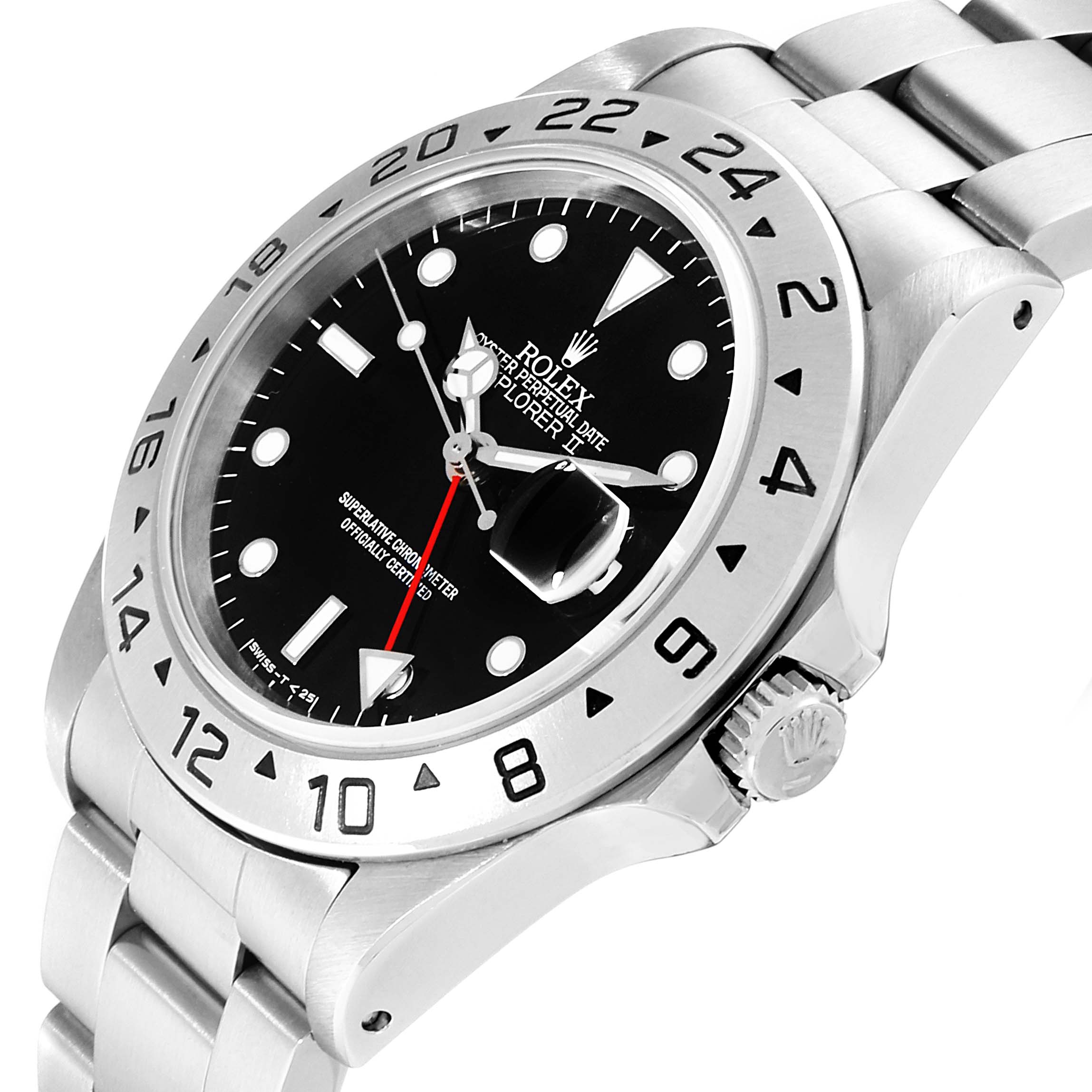 The image shows a Rolex Explorer 16570 Men
s Stainless Steel Black Dial 16570 Men
s Stainless Steel Black Dial watch at an angled side view, highlighting the bezel, dial, crown, and bracelet.